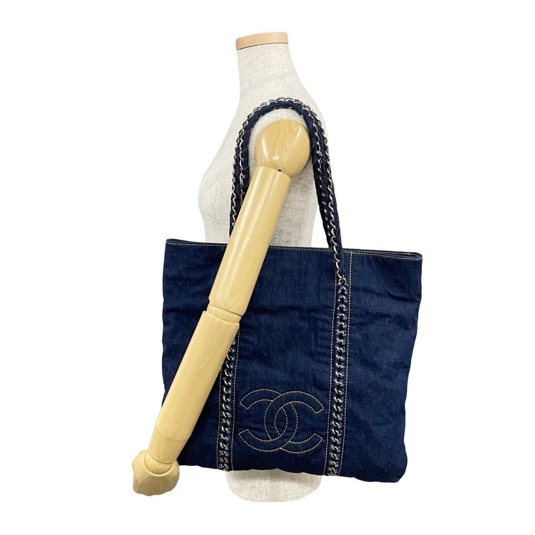 CHANEL Coco Mark Denim Chain Tote Bag, Semi-Shoulder Handbag