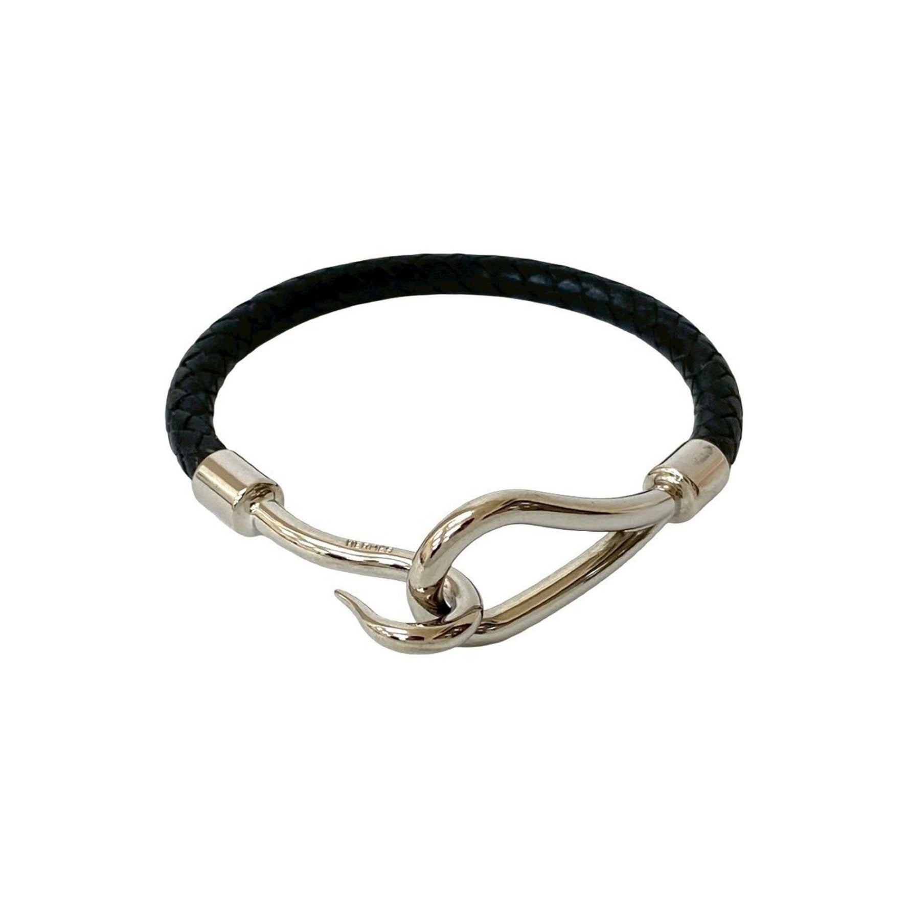 HERMES Jumbo Leather Bracelet, Genuine Bracelet/Bangle, Black/Silver