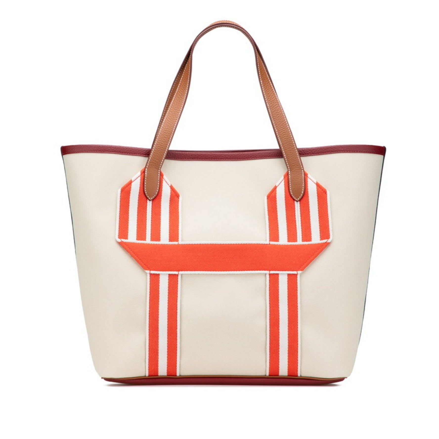 Hermes Hermès Pur Sangle Tote Bag in Beige, Red, and Brown Taurillon Clemence Toile Militaire.