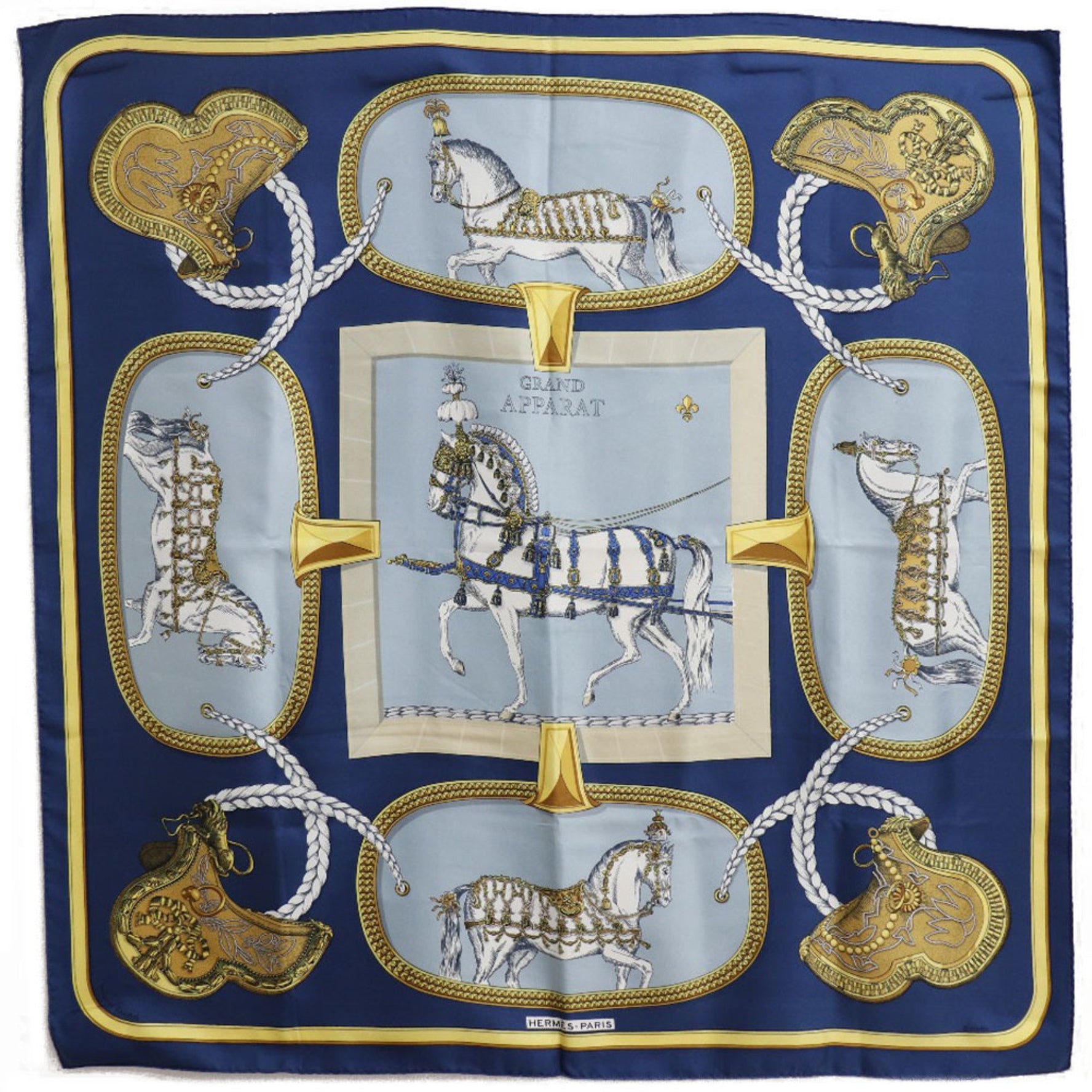 Hermes Carre 90 GRAND APPARAT Dressed Horse Silk Blue Scarf