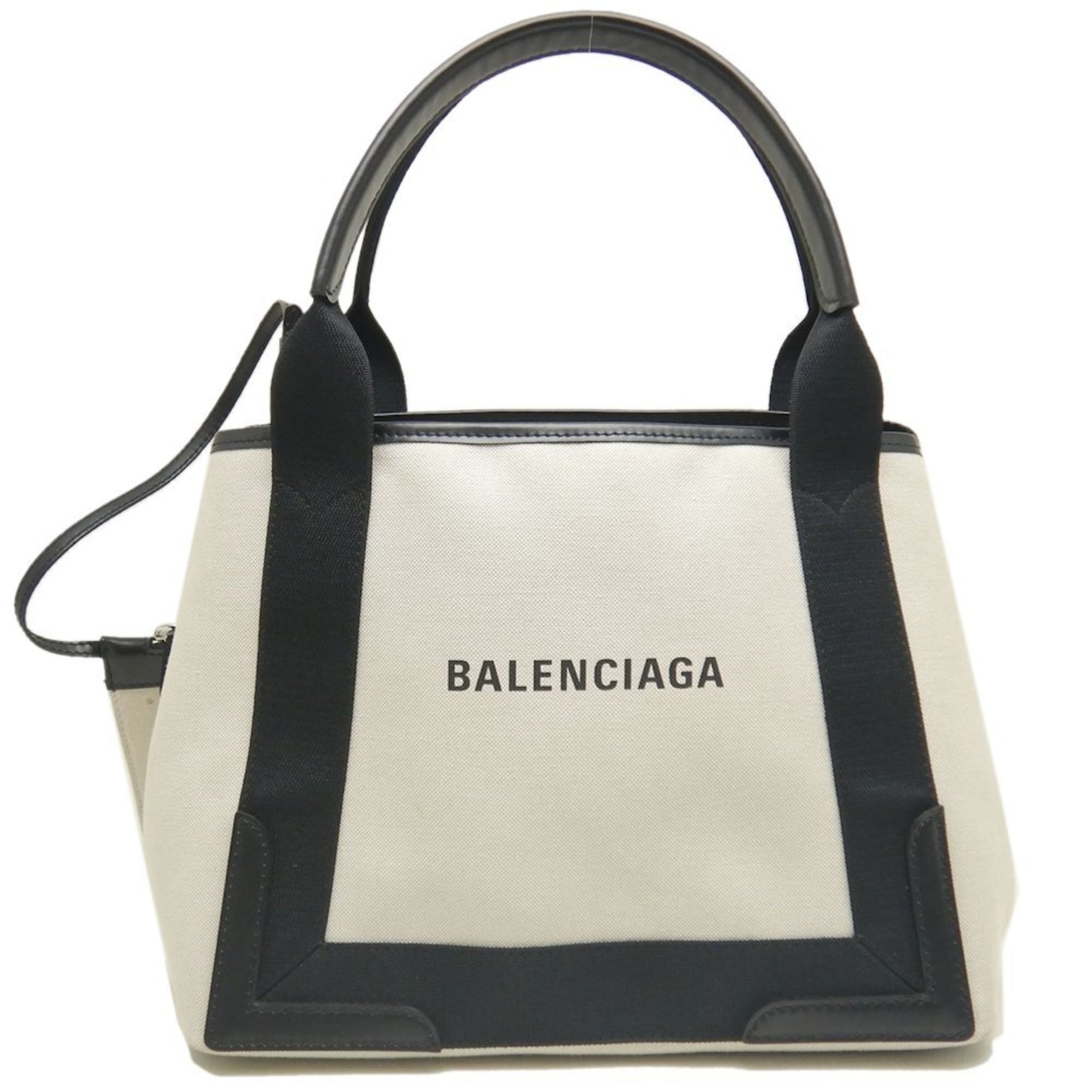 BALENCIAGA Navy Cabas S Tote Bag, Canvas and Leather, Ivory, Black