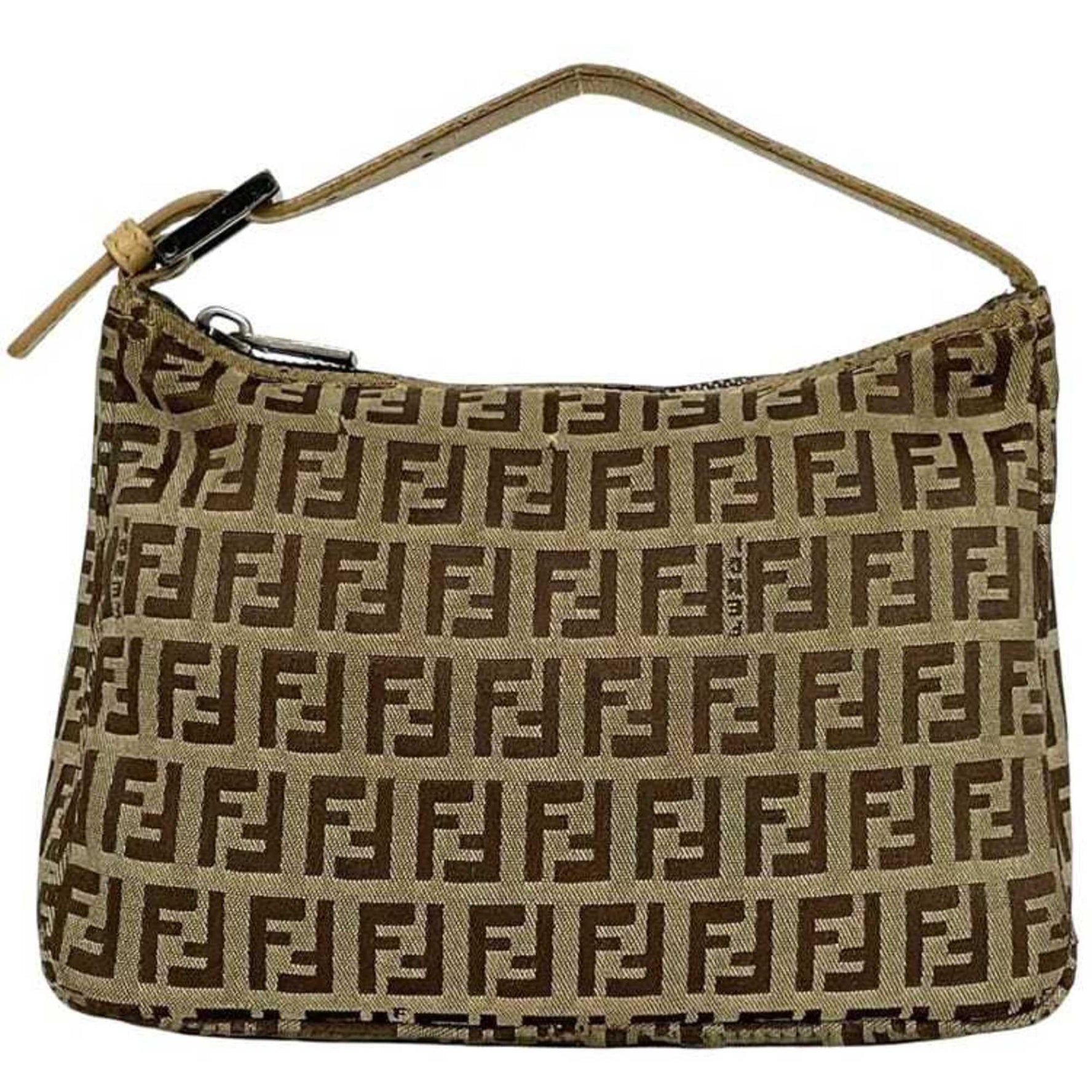 Fendi Pouch Beige Brown Zucchino 2228 028 Canvas Leather Handbag FF