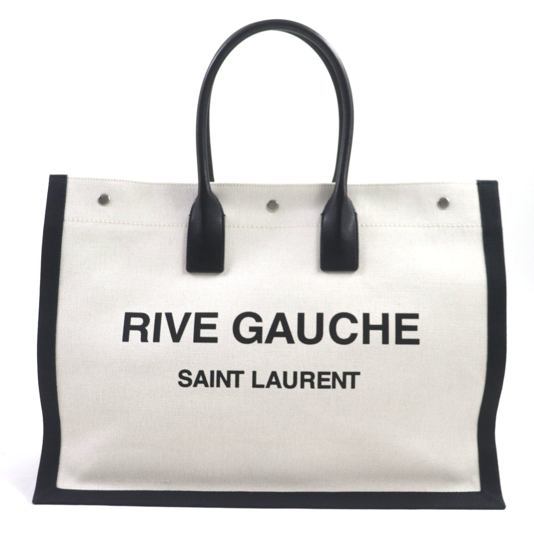 SAINT LAURENT Rive Gauche Logo Canvas and Leather Tote Bag in Beige Black, Includes Dust Bag, Made Italy