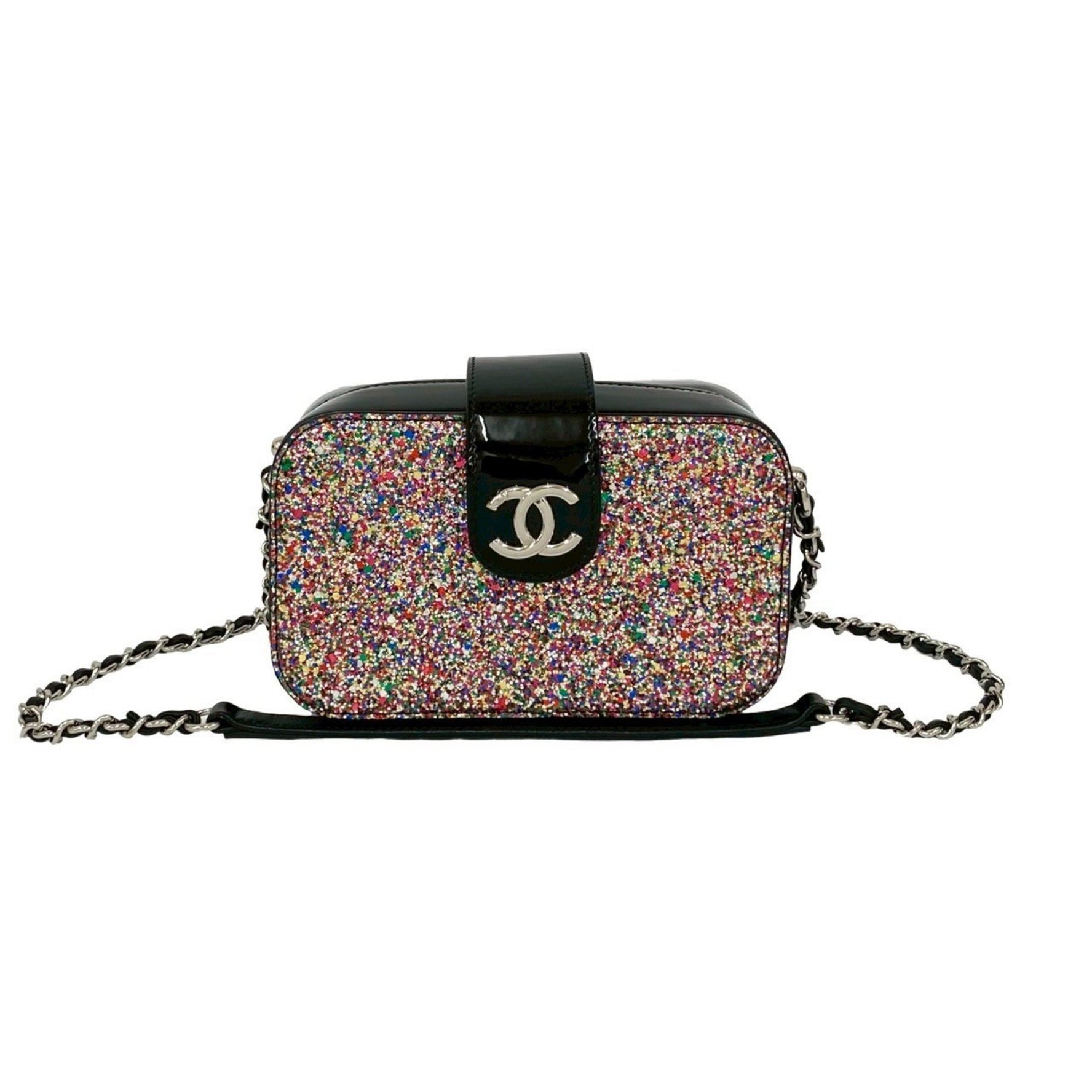 Unused CHANEL Coco Patent Leather Enamel Lamé Chain Mini Shoulder Bag, Black, 126-2