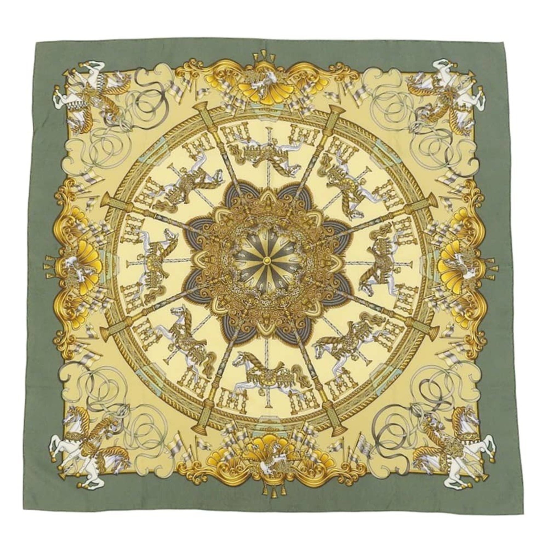 Hermes Carre 90 Luna Park Scarf Muffler Silk Green Beige