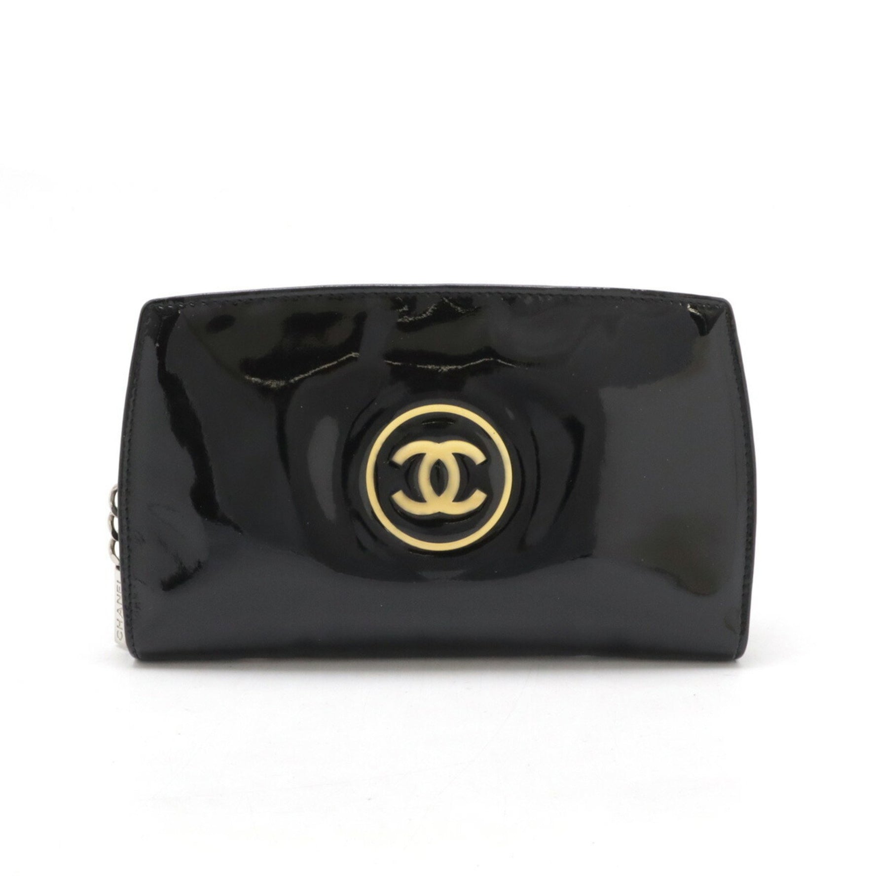 CHANEL Chanel Makeup Coco Mark Round Long Wallet Enamel Patent Leather Black 7663