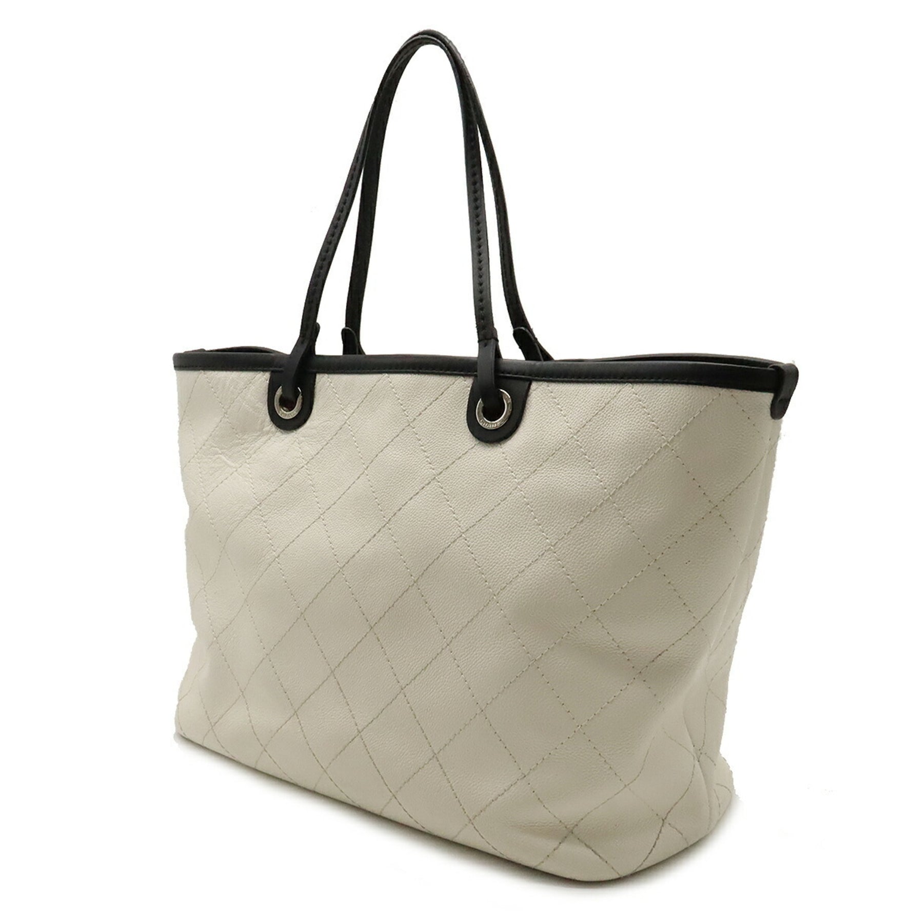 CHANEL On the Road Wild Stitch Coco Mark Tote Bag Shoulder Caviar Skin White Black