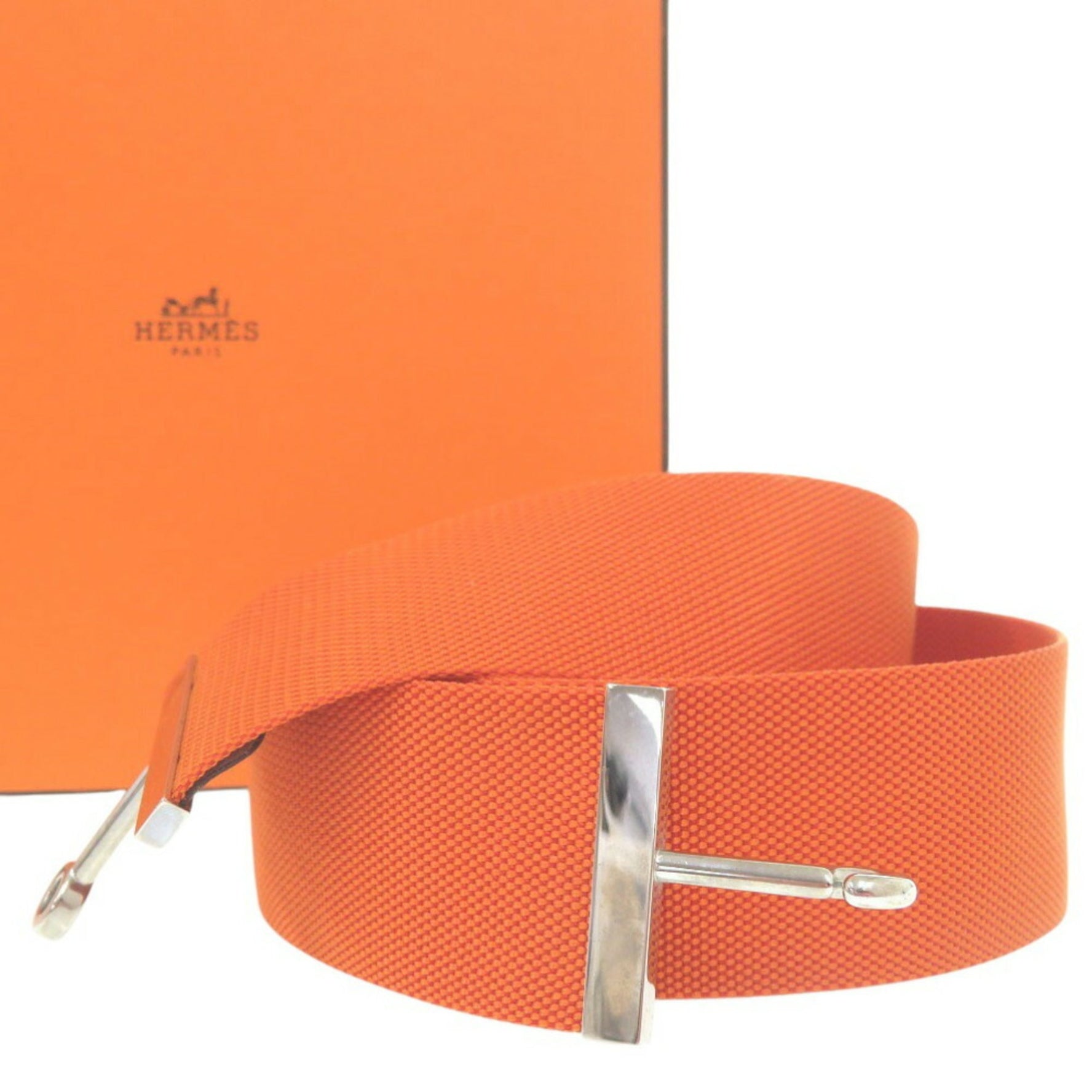 Hermes Hook Belt Waist Nylon Metal Orange I Stamp