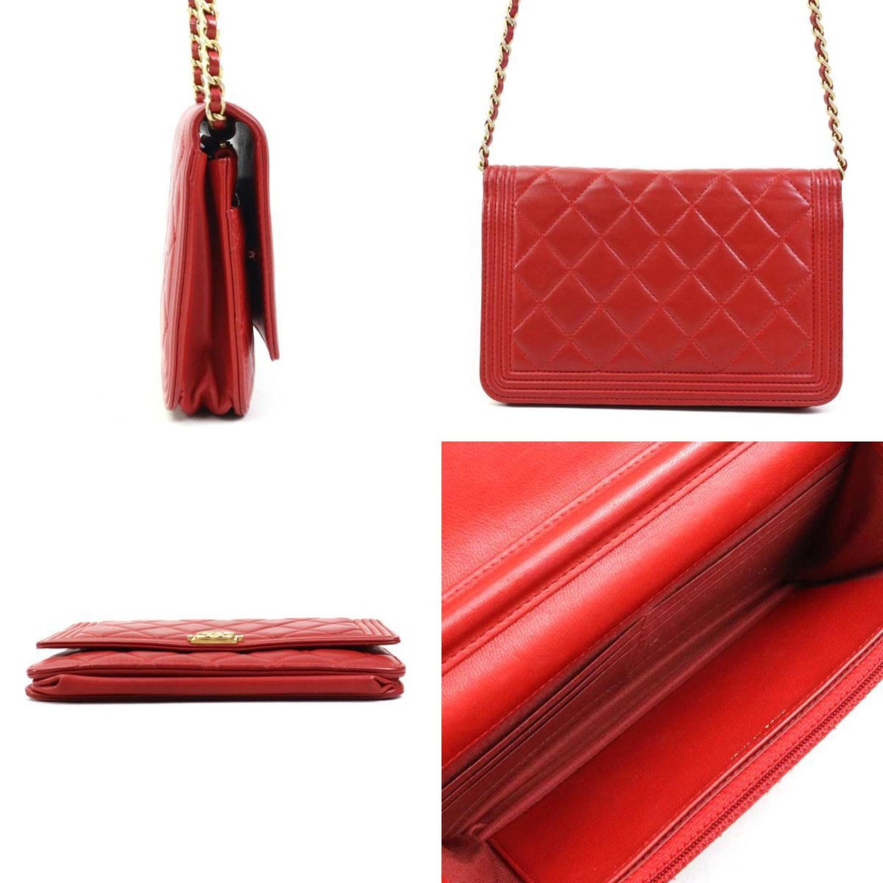 CHANEL Shoulder Bag Chain Wallet Boy Leather Metal Red Gold