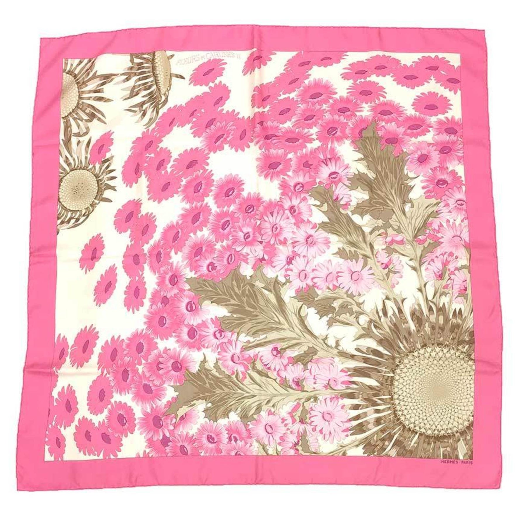 HERMES Scarf/Muffler Carré 90, FLEURS et CARLINES 2, Sunflower Bouquet, 100% Silk