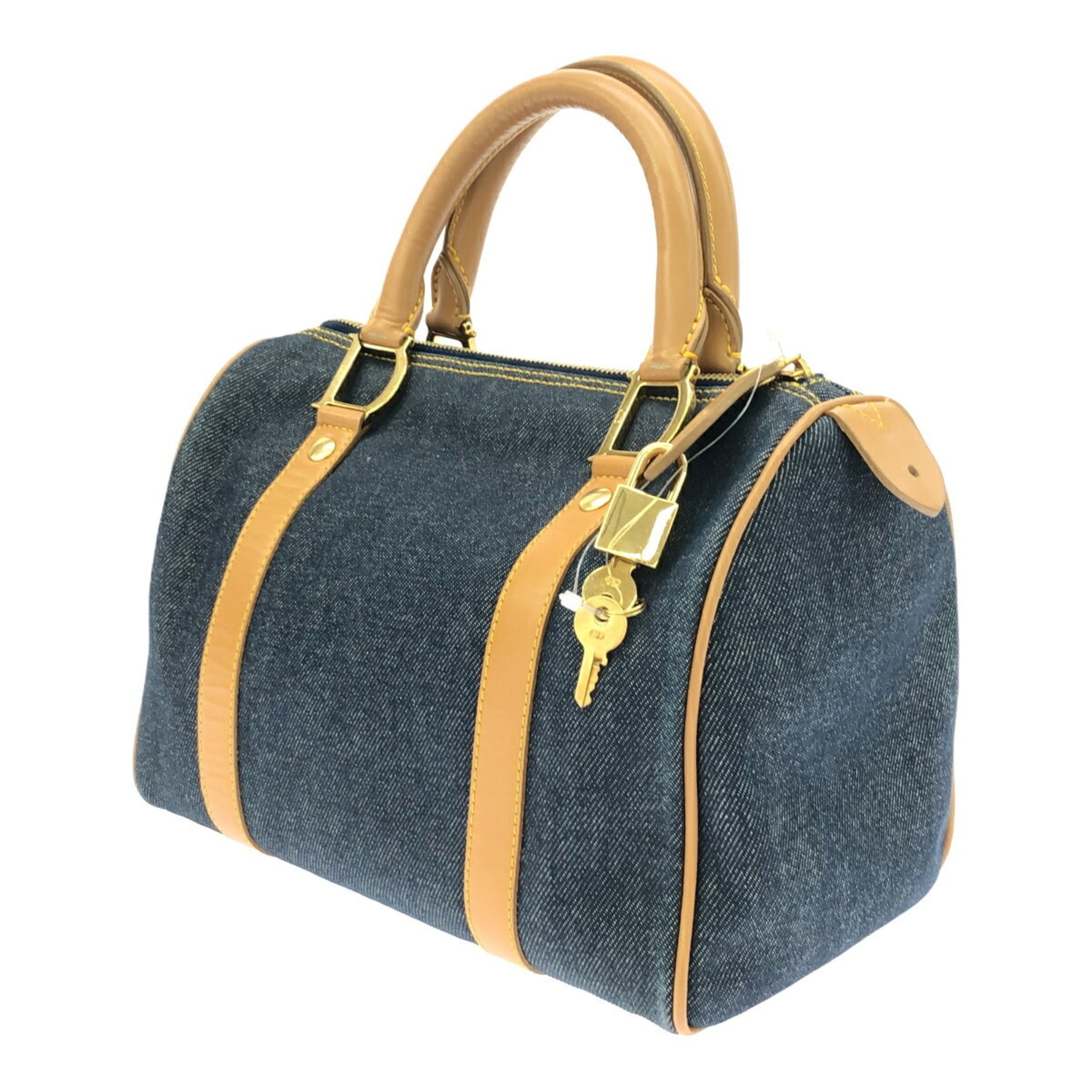 Christian Dior Mini Boston Bag Beige Cotton Leather Denim Padlock Key Mikunigaoka Store