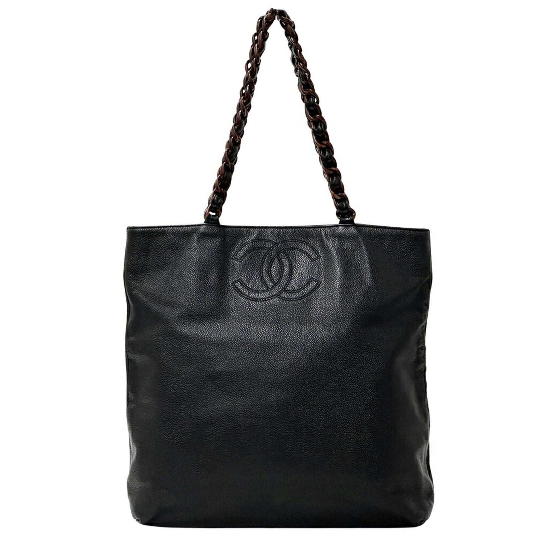 CHANEL Coco Mark Women's Tote Bag in Caviar Leather, Black and Brown, with Chain.
