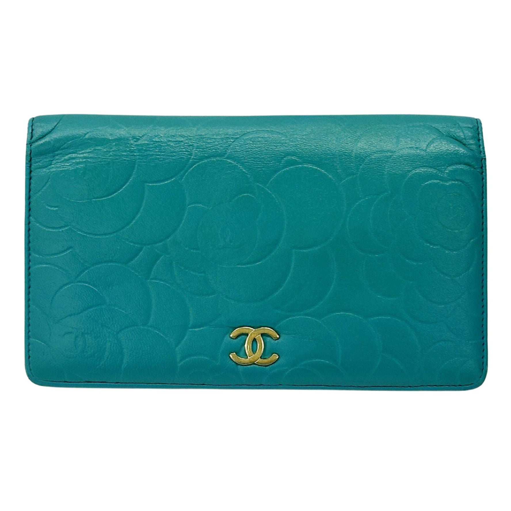 CHANEL Camellia Long Wallet in and Turquoise Leather with Coco Mark, Floral Print, Gold Hardware