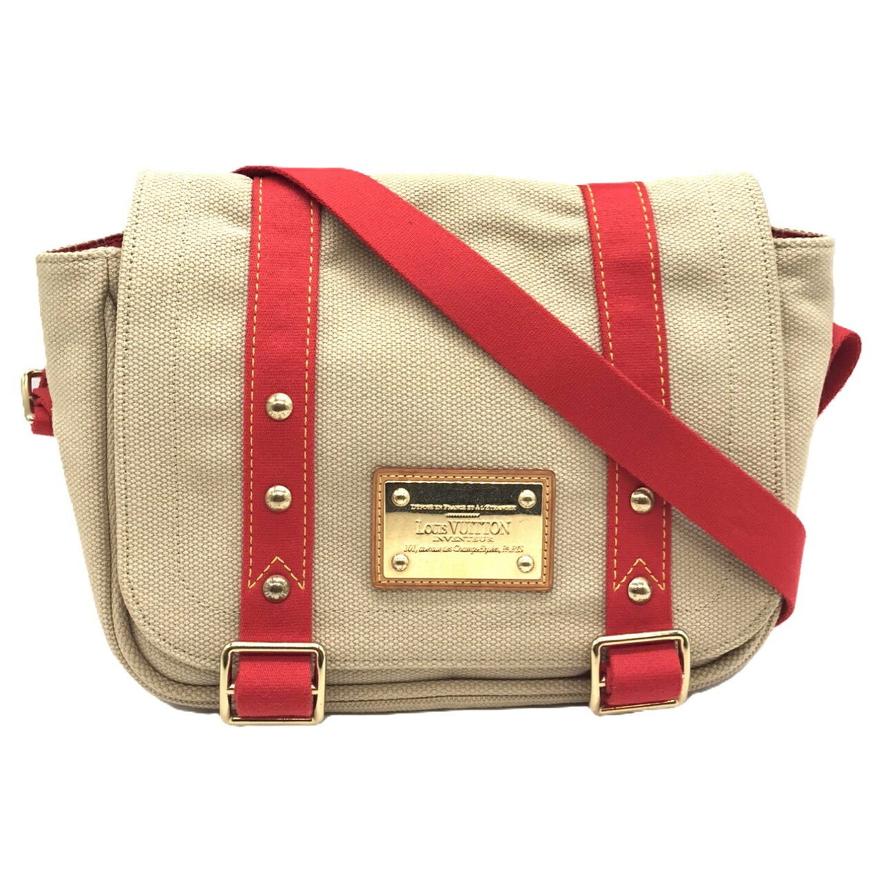 Louis Vuitton Antigua Buzas PM Canvas Shoulder Bag Beige x Red