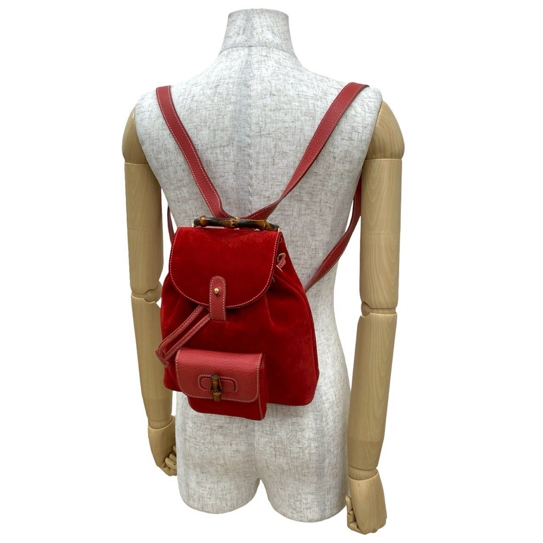 GUCCI Old Gucci Bamboo Drawstring Suede and Leather Backpack in Red (g111d)