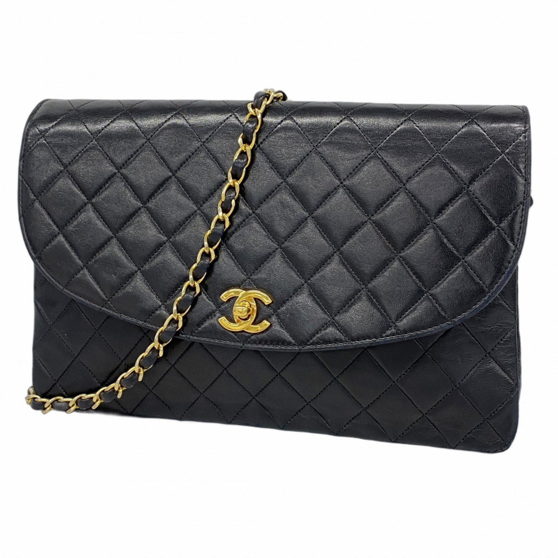 Chanel Matelasse Shoulder Bag with Chain Bag, Lambskin, Black, Women's