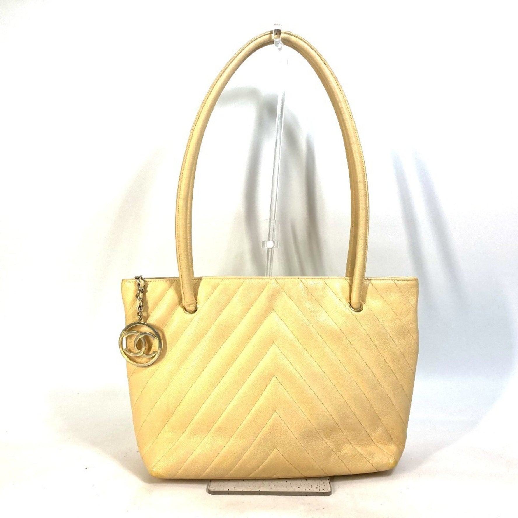 CHANEL CC Coco Mark V-Stitch Chevron Tote Bag Shoulder Caviar Leather