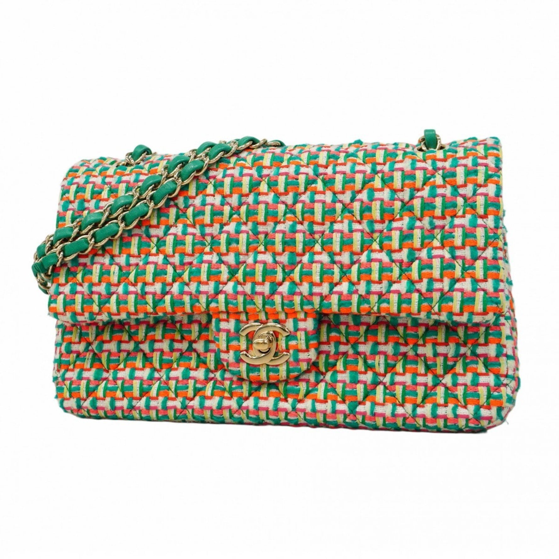 Chanel Matelasse Shoulder Bag with Double Flap and Chain, Tweed, Green, Champagne, Women's
