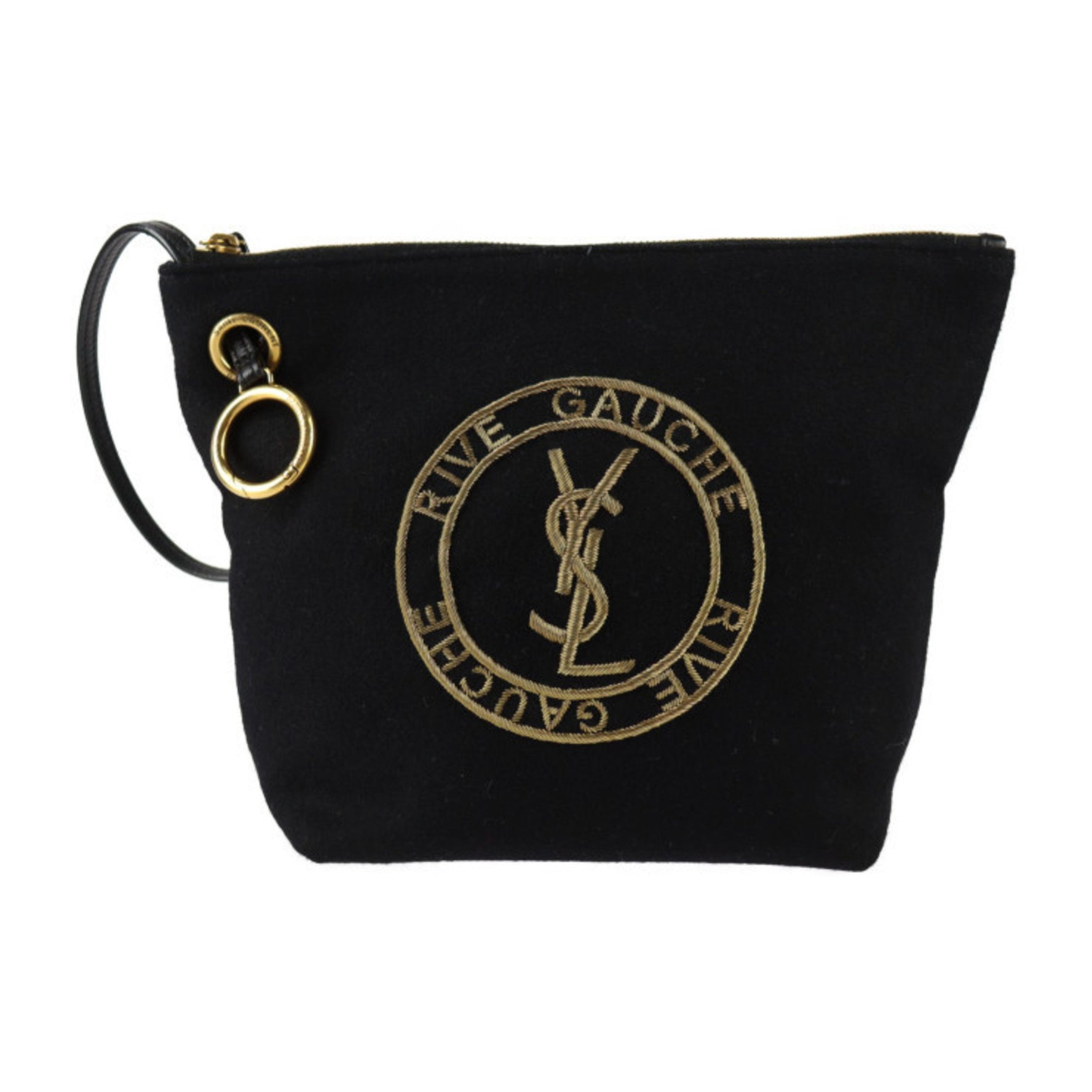 Yves Saint Laurent SAINT LAURENT PARIS Saint Laurent Paris Embroidered Pouch Rive Gauche Second Bag Wool Calfskin Leather Brass Black Gold YSL Clutch Wristlet