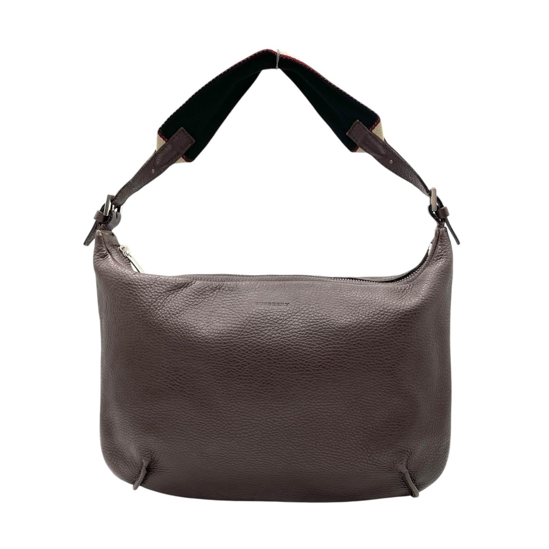 BURBERRY One-Shoulder Handbag, Dark Brown Leather, Silver Hardware, Embossed Logo, Shoulder Strap, Zipper Closure, Hobo Style