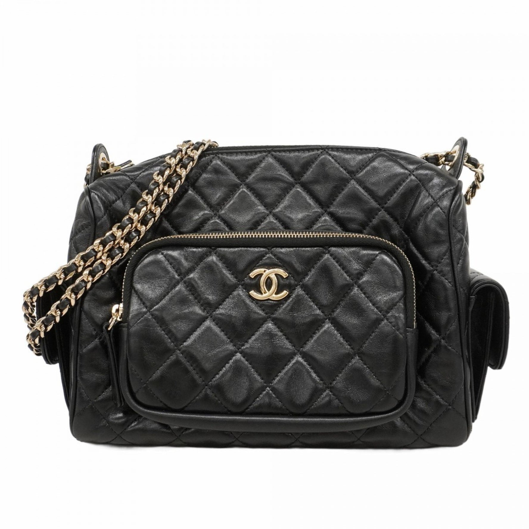 Chanel Matelasse Shoulder Bag, Chain Calfskin, Black, Champagne, Women's