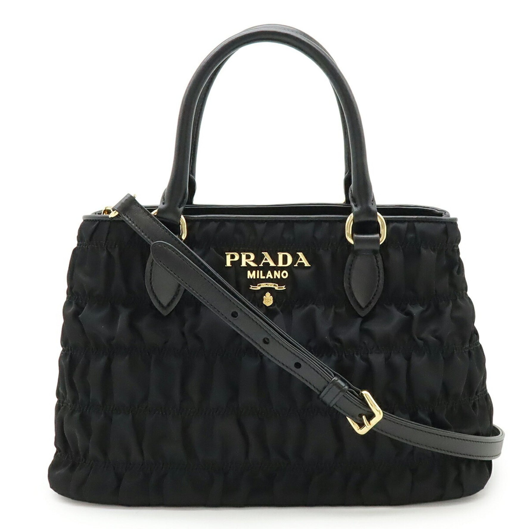 PRADA Gathered Handbag/Shoulder Bag in Nylon and Leather (NERO) Black