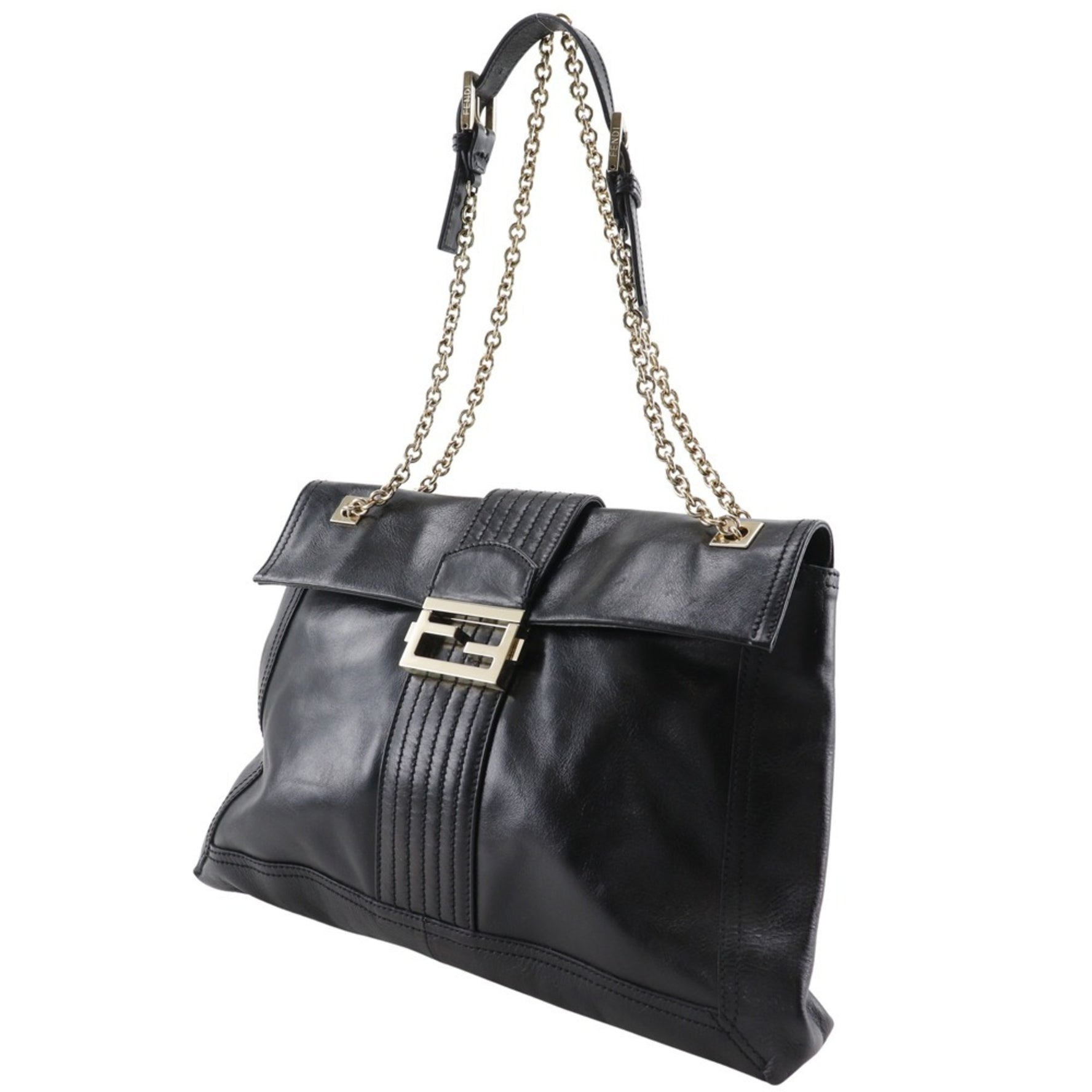 FENDI Chain Tote Bag Shoulder Leather Black 2way Flap Women's