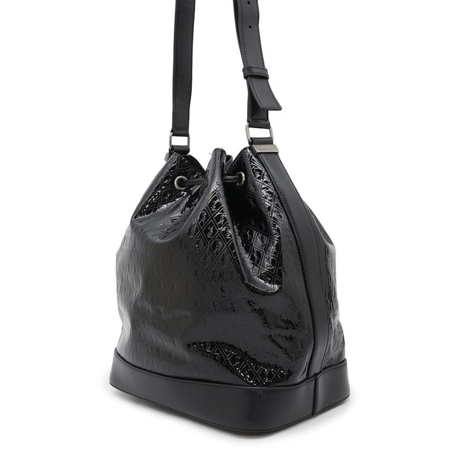 Saint Laurent Shoulder Bag Monogram Allover Bucket Patent Leather Black