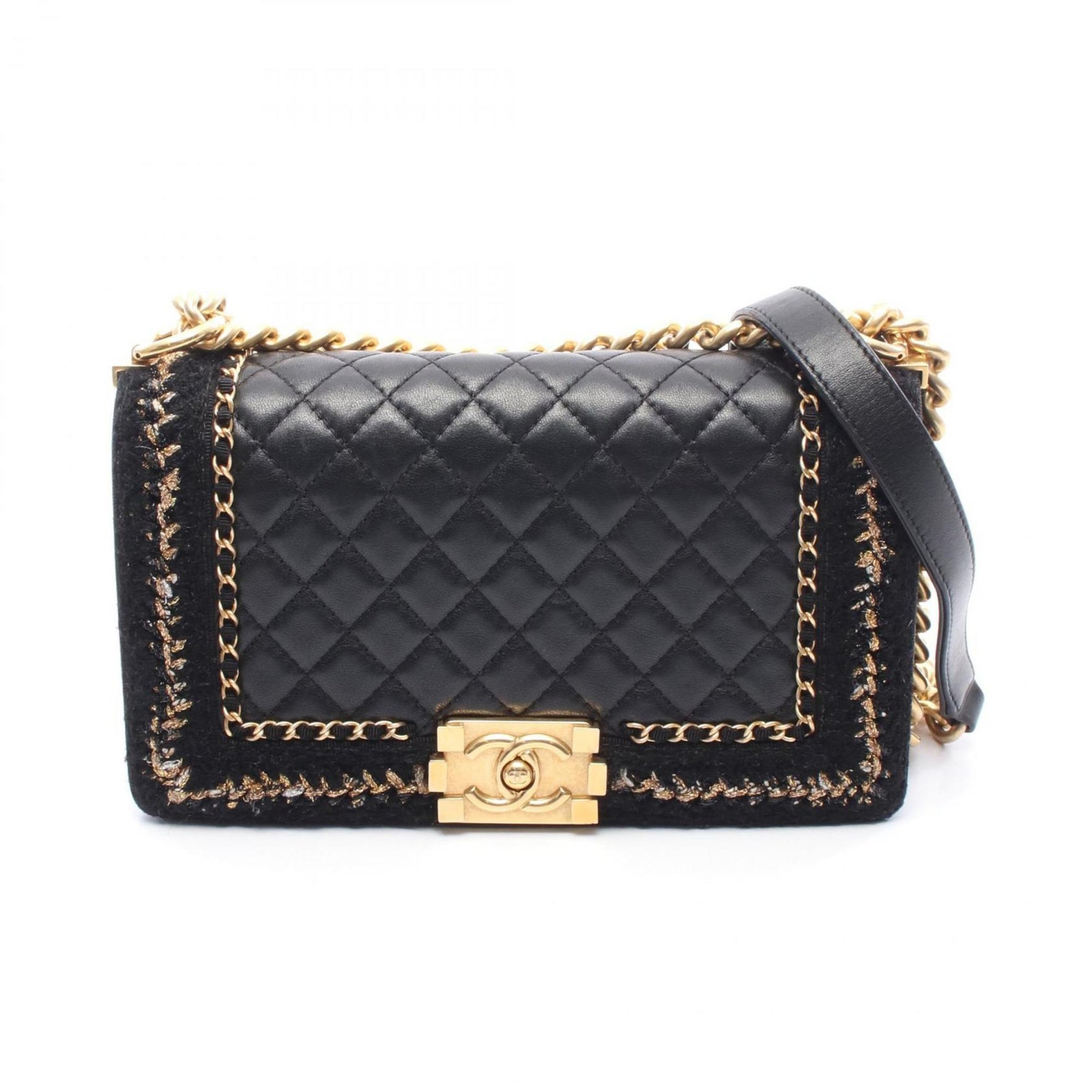 CHANEL Boy Large Matelasse Shoulder Bag in Lambskin Fabric, Black/Gold