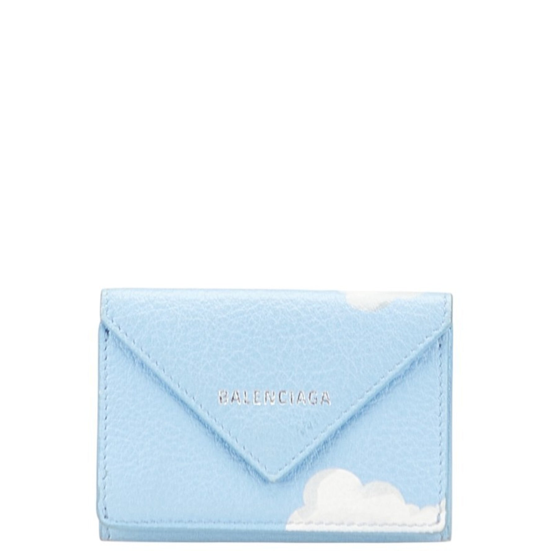 Balenciaga Paper Mini Wallet, Cloud Design, Tri-fold Compact Light Blue Leather