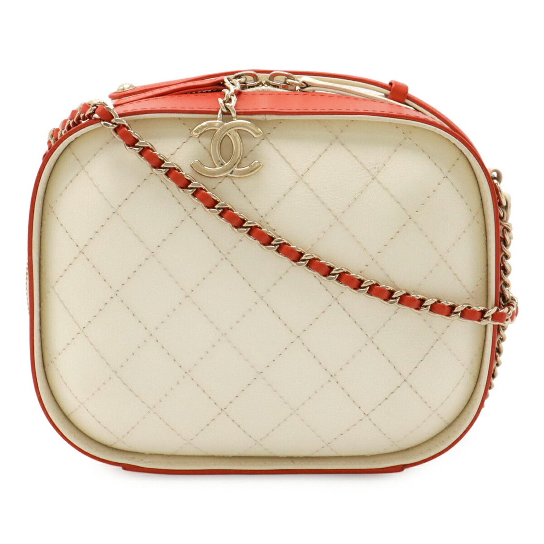 CHANEL Matelasse Vanity Case Handbag Chain Shoulder Leather White Red