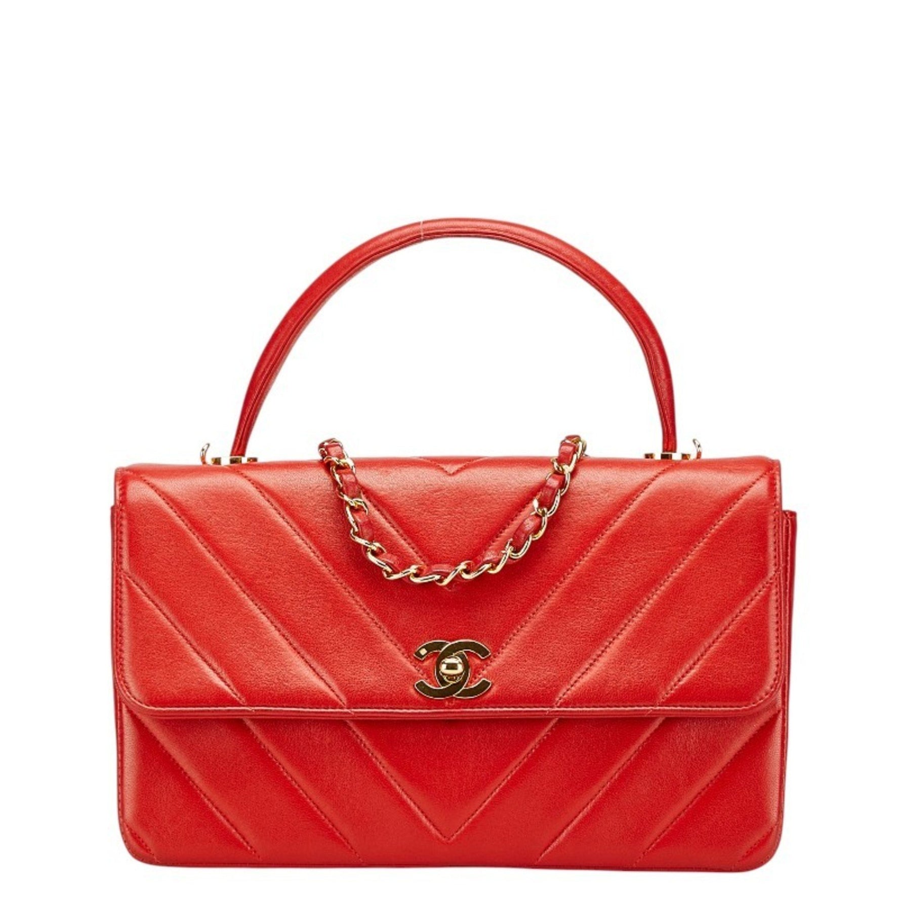 Chanel Chevron V-stitch Coco Mark Handbag/Shoulder Bag, Red Lambskin