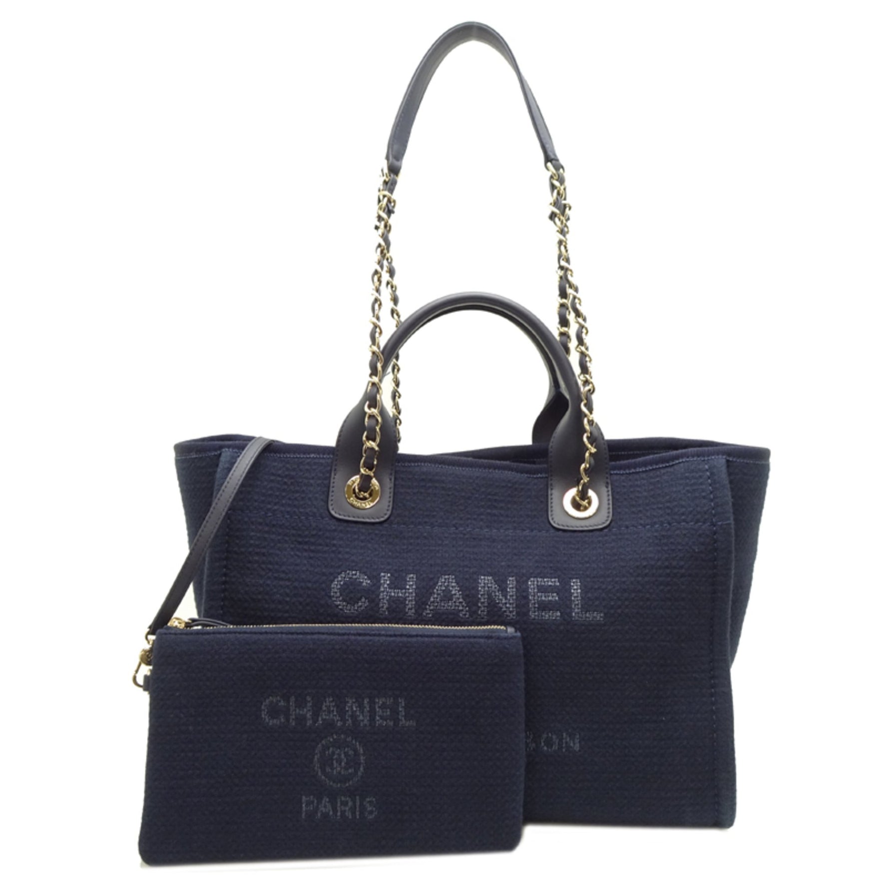Chanel Deauville Chain Tote Shoulder Bag Canvas