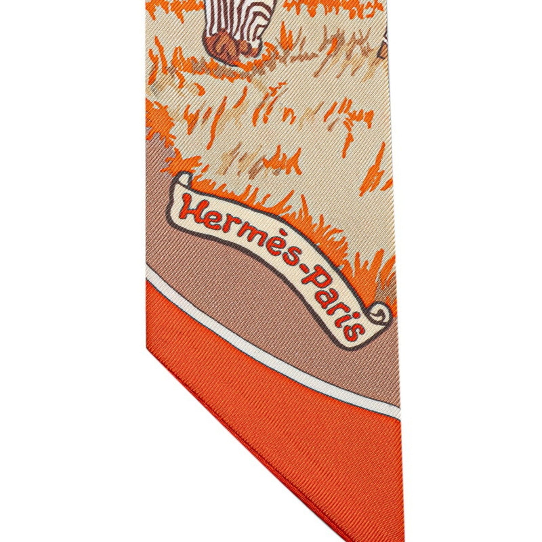 Hermès Twilly "Les Zebras" Zebra Scarf, Orange Multicolor Silk, HERMES