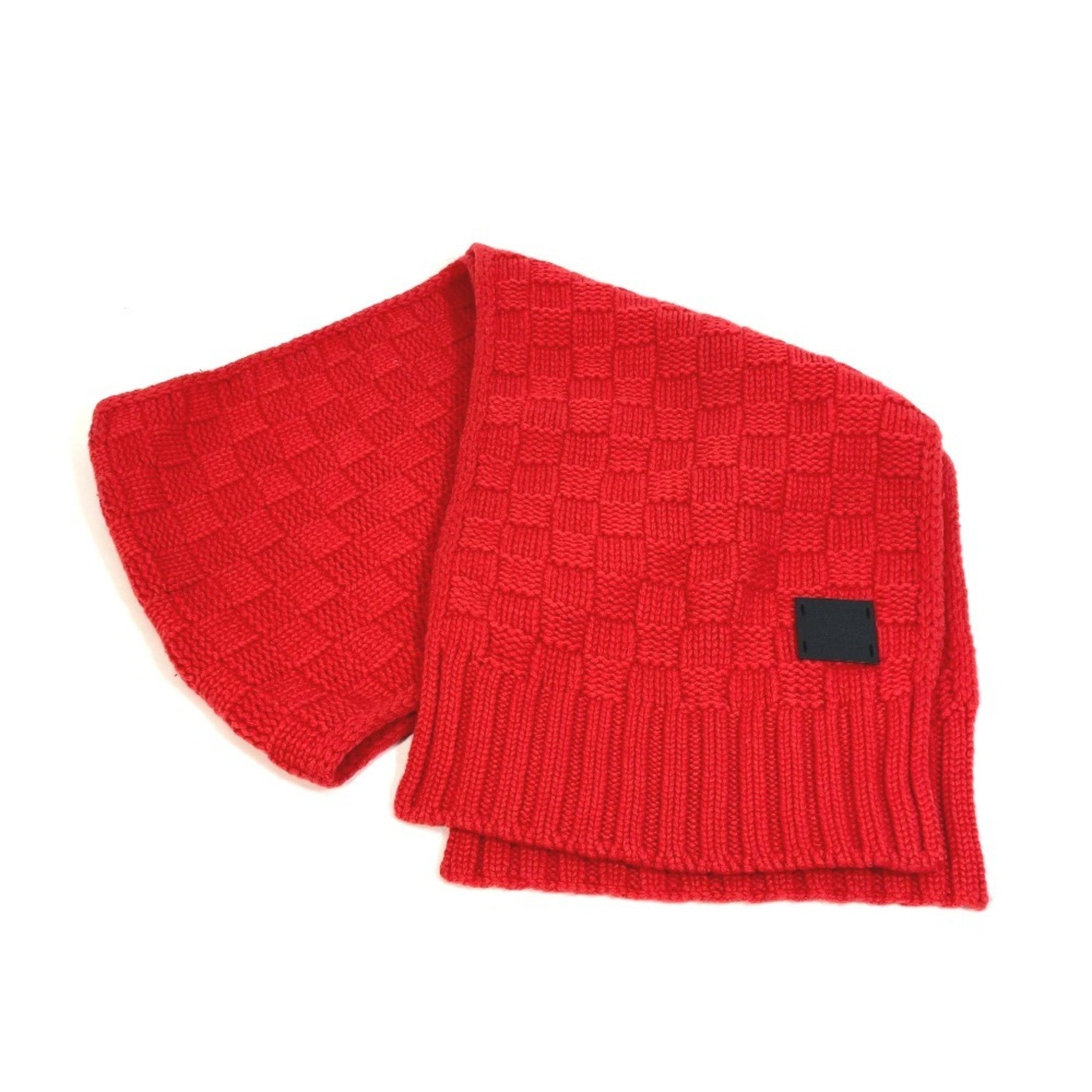 Louis Vuitton Damier Echarpe Helsinki Scarf with Leather Tag, Knitted Cashmere Scarf, Red