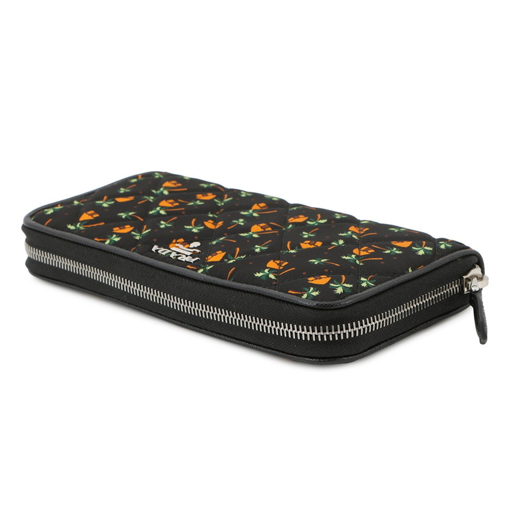 Prada Quilted Round Long Wallet with Palm Tree Design, Black