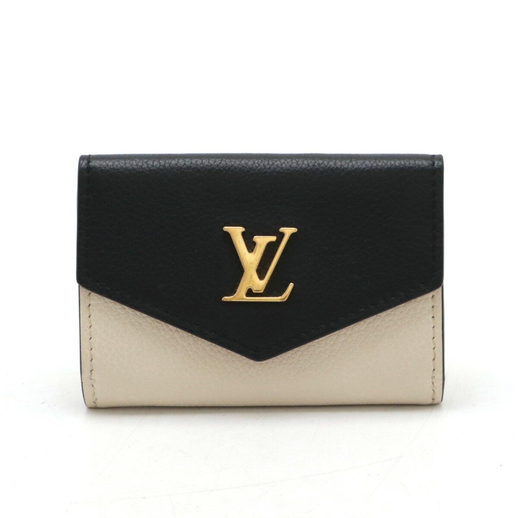 Louis Vuitton Portefeuille Lock Tri-fold Wallet Compact Bicolor Leather Beige Black