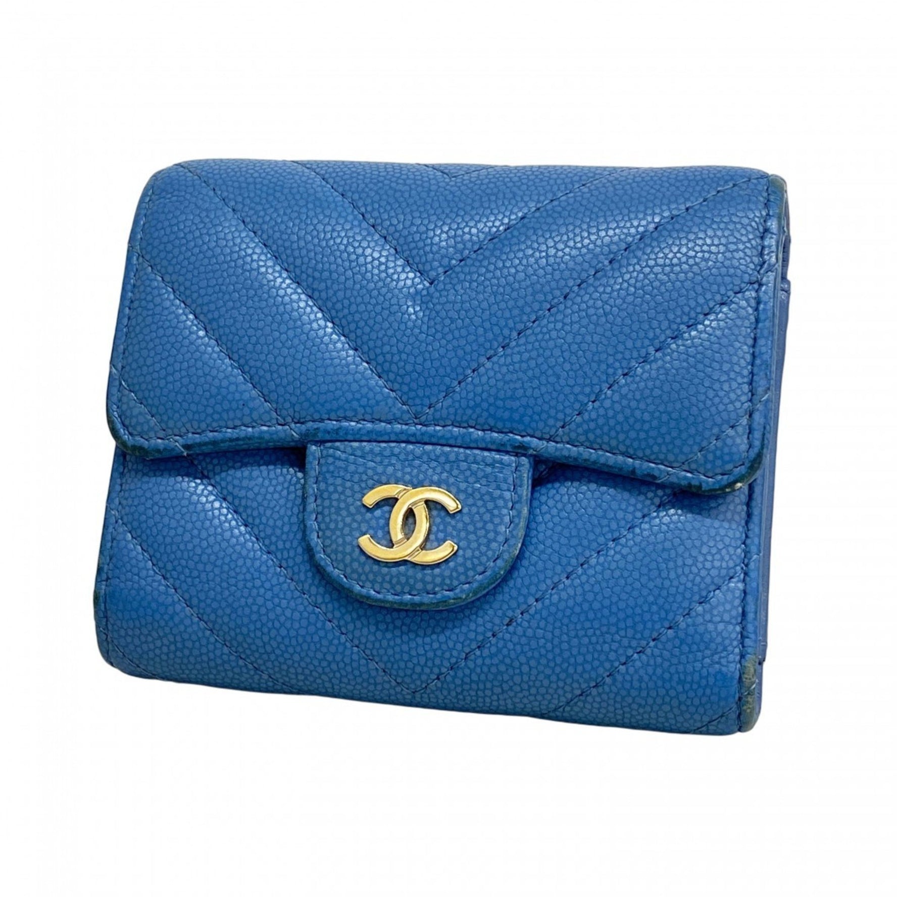 Chanel Tri-fold Wallet with V-Stitching, Caviar Leather, Champagne