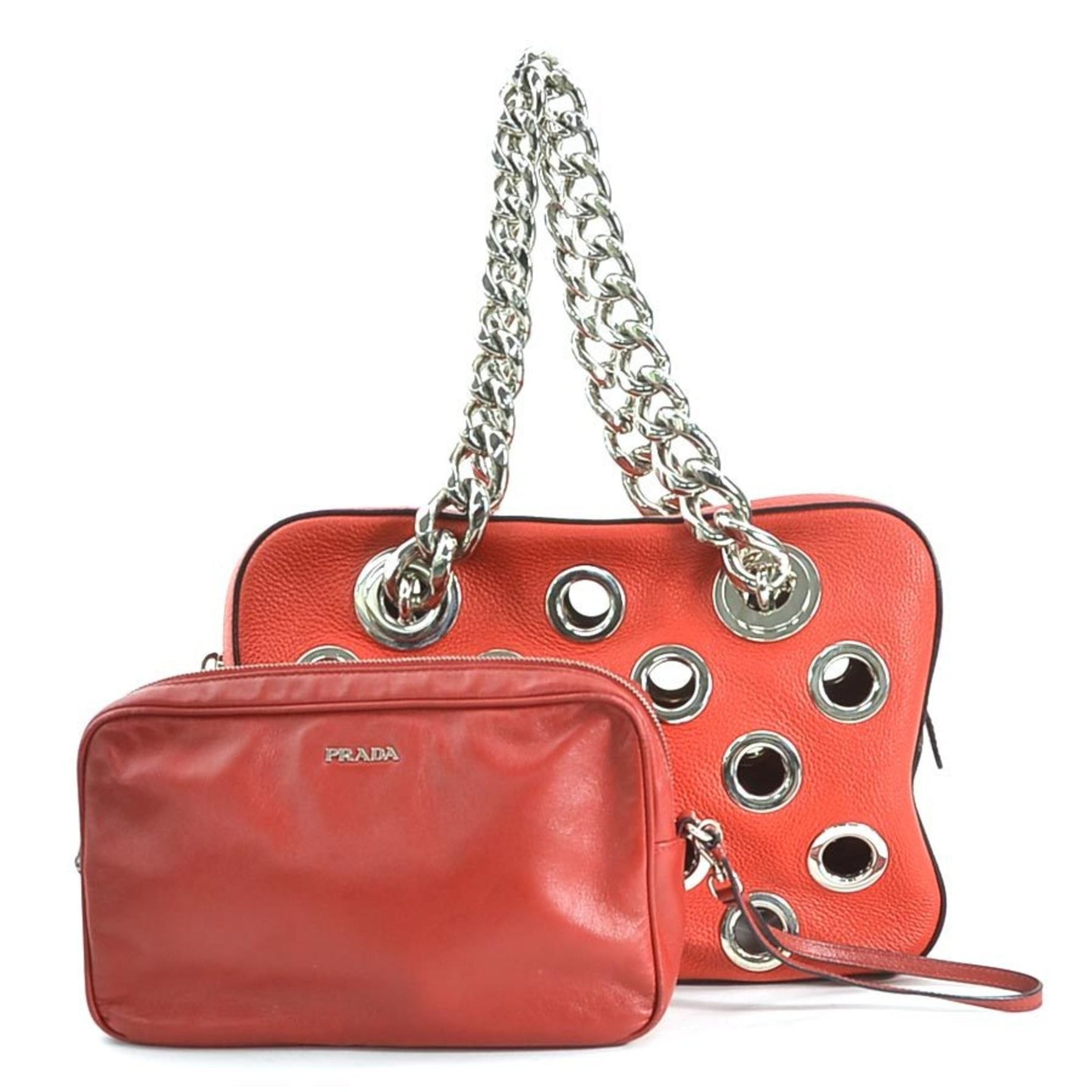PRADA handbag leather metal red silver women's e59731a