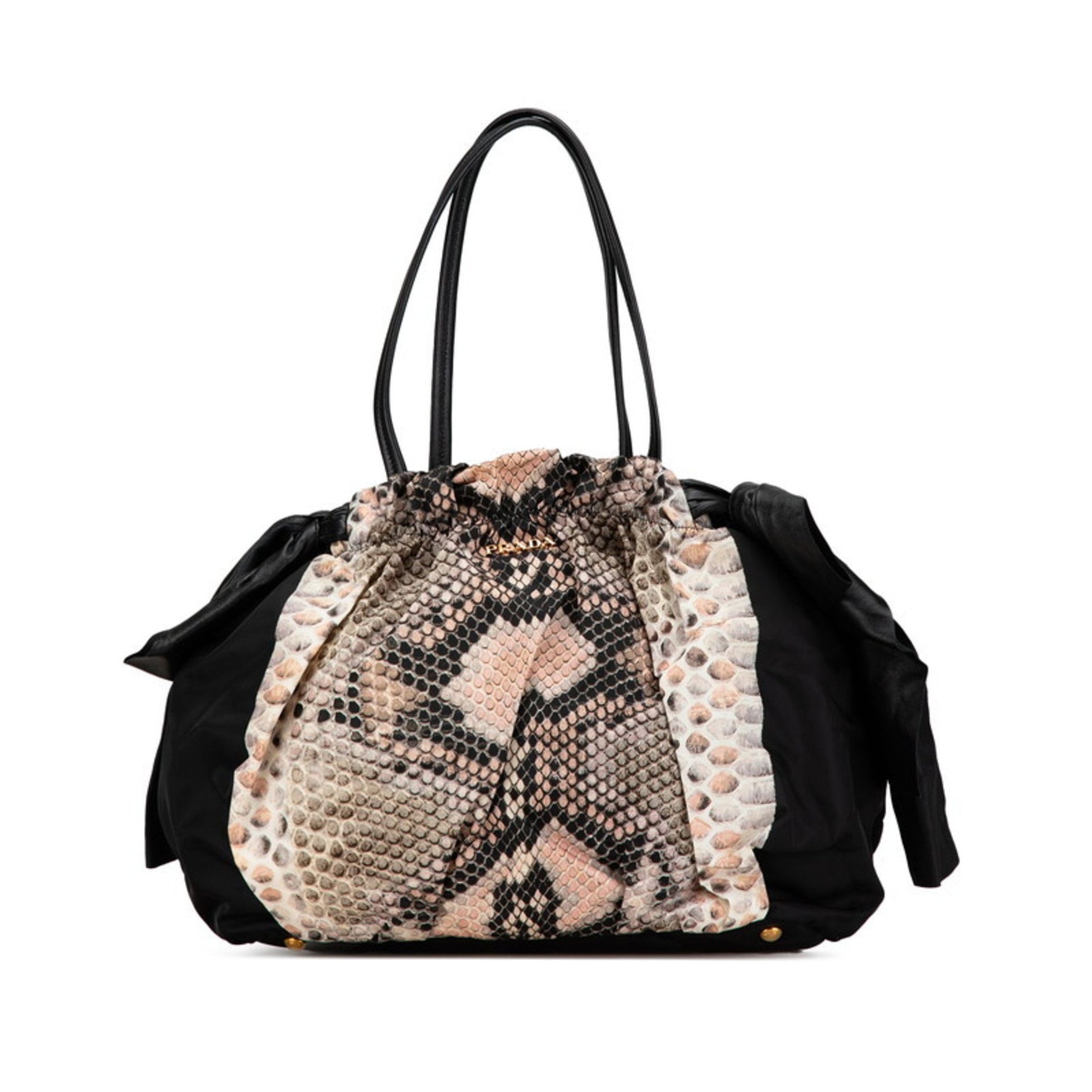 Prada Ribbon Python Motif Handbag Black Beige Nylon Leather