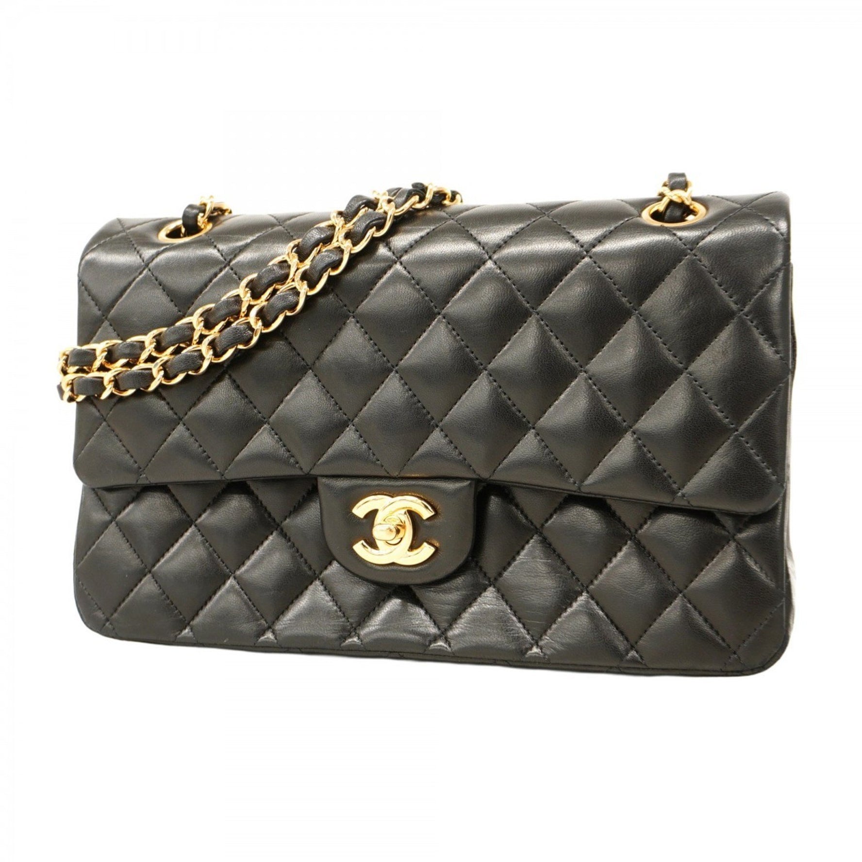 Chanel Matelasse Shoulder Bag with Double Flap and Chain, Lambskin, Black, Women's