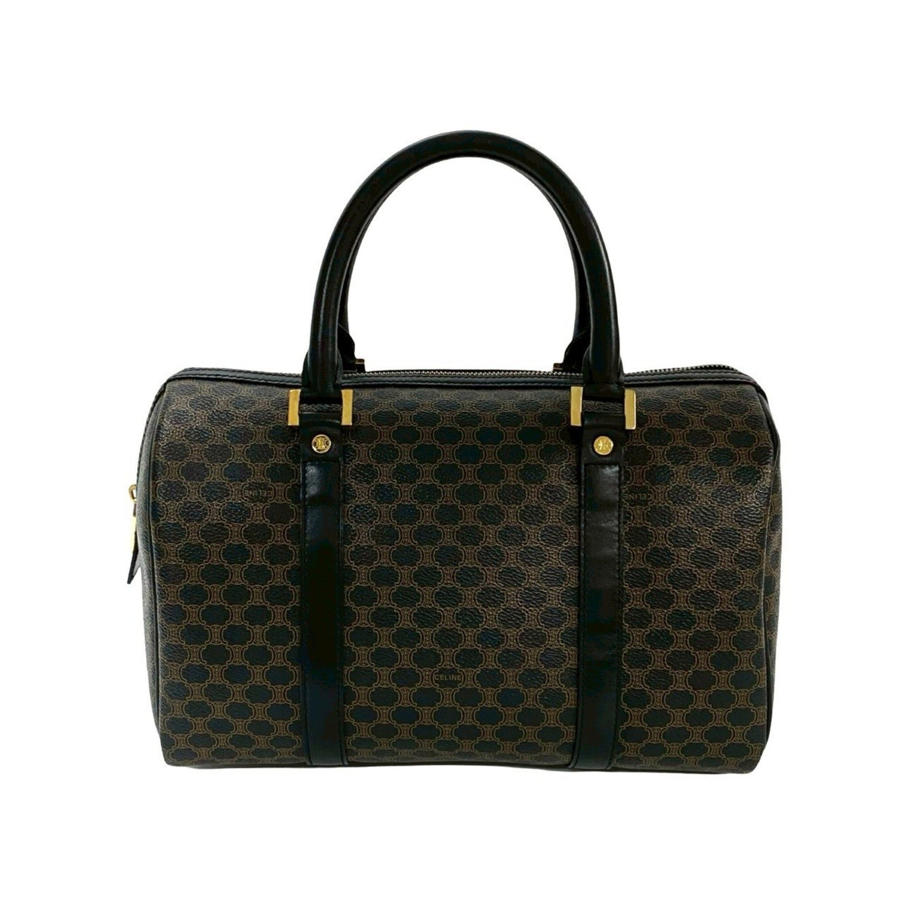 CELINE Vintage Macadam Blason Triomphe Leather Handbag/Mini Boston Bag, Black, 435-3
