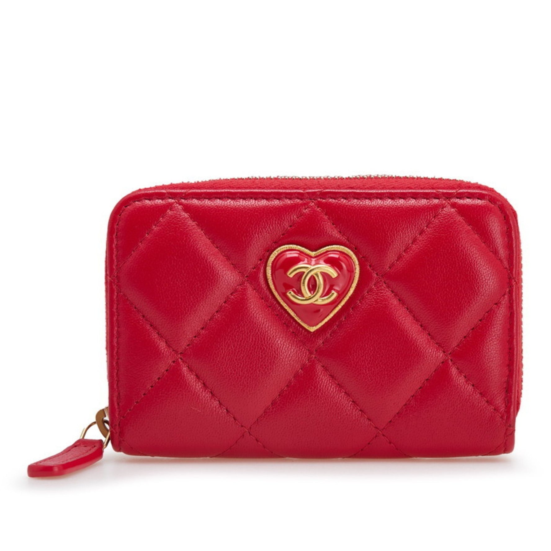 CHANEL Matelasse Coco Mark Heart Round Zipper Coin Case Red Lambskin