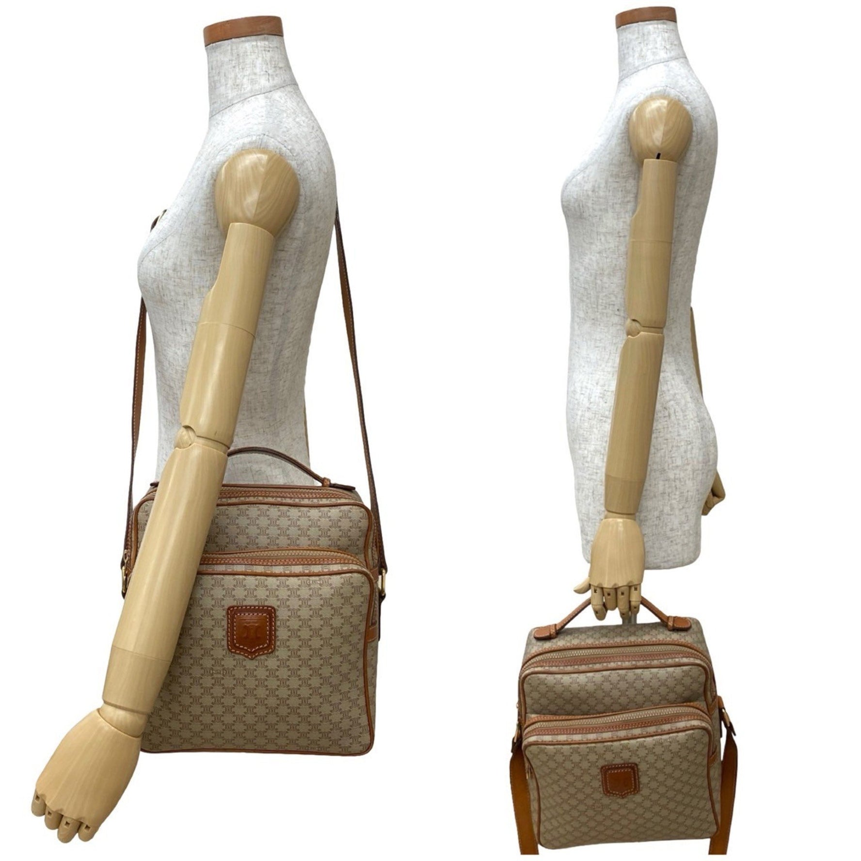 CELINE Macadam Blason Pattern Leather Shoulder Bag/Pochette in Beige and Brown