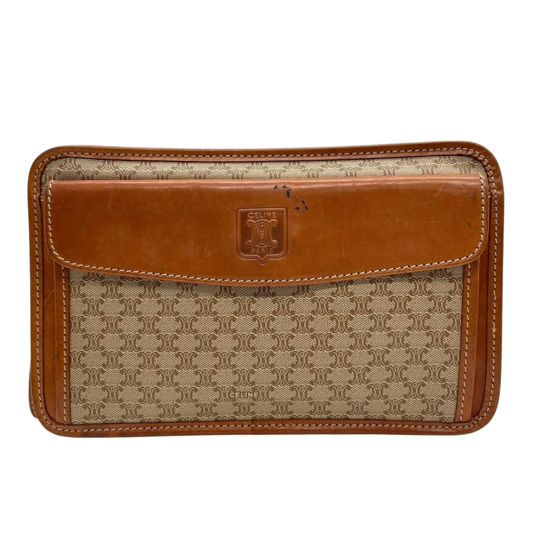 Celine Macadam clutch bag/second bag in beige and brown with Triomphe logo leather.