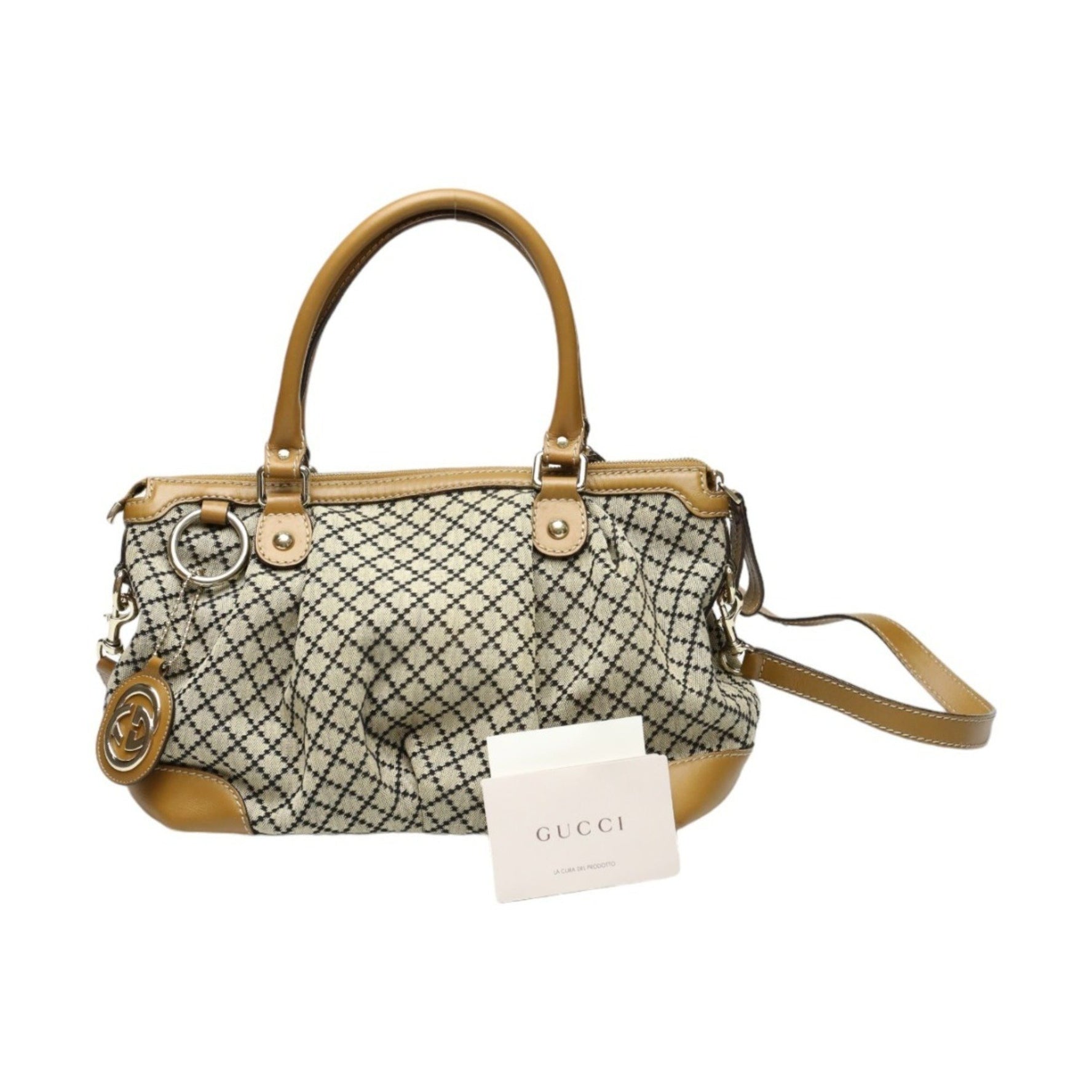 GUCCI Tote Bag Shoulder Diamante Canvas Beige x Brown