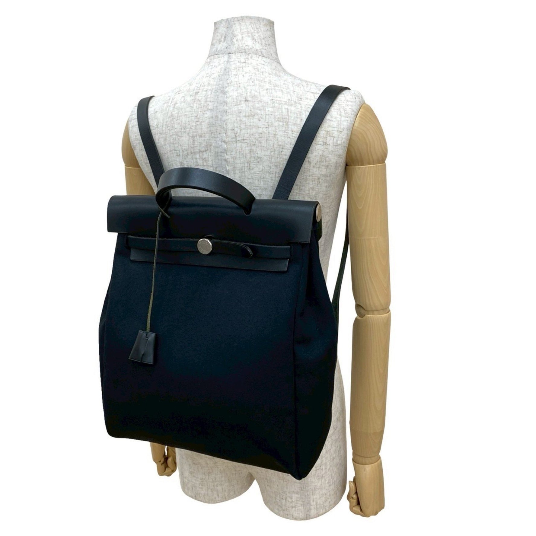 HERMES Airbag Ad PM Toile Officier Leather Backpack in Black and Navy (54743)