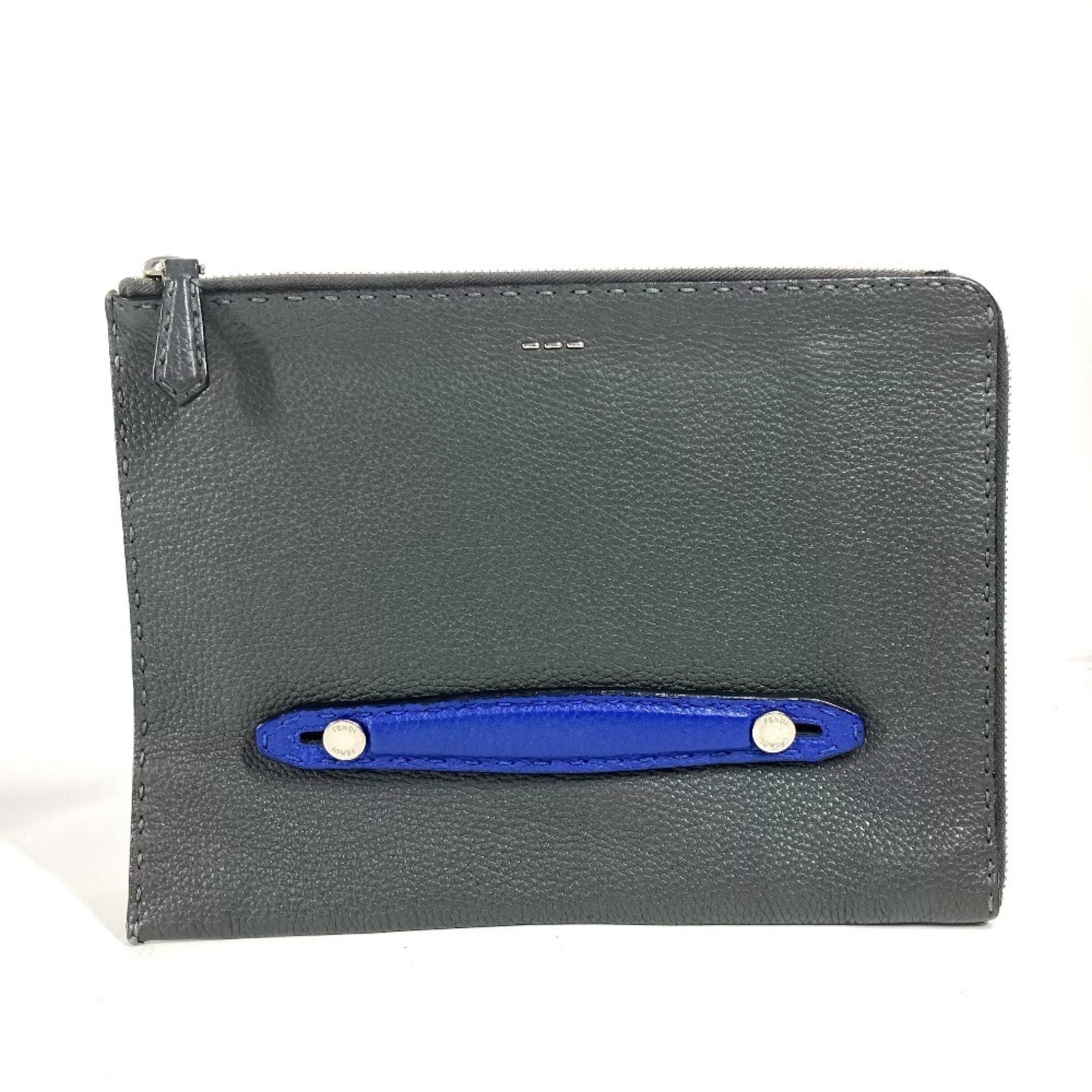 FENDI Selleria Logo Pouch Bag Clutch Leather Men's Black