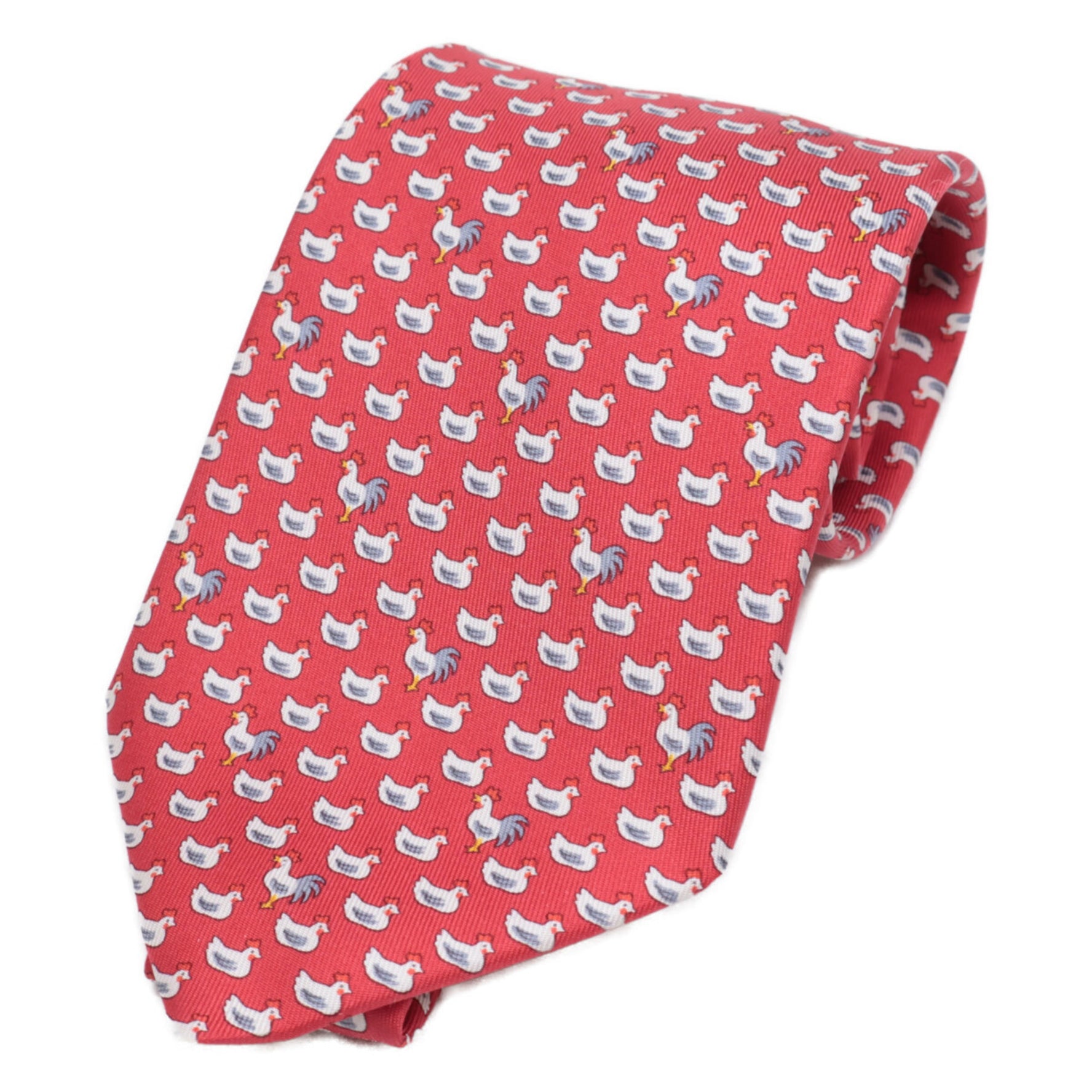 HERMES 02 Chicken Print Silk Tie ROUGE BLANC
