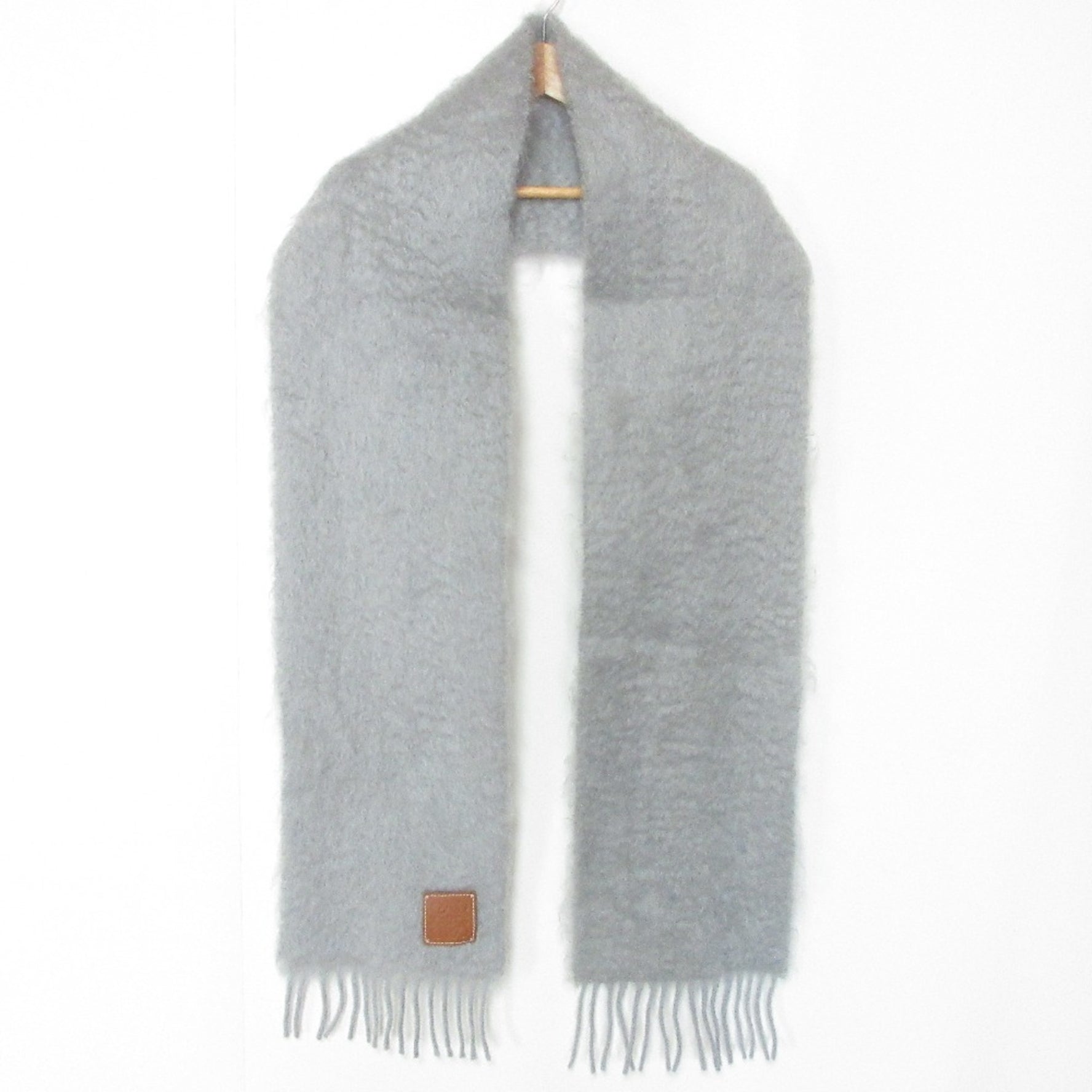 LOEWE Anagram Leather Patch Mohair Wool Shaggy Scarf Grey